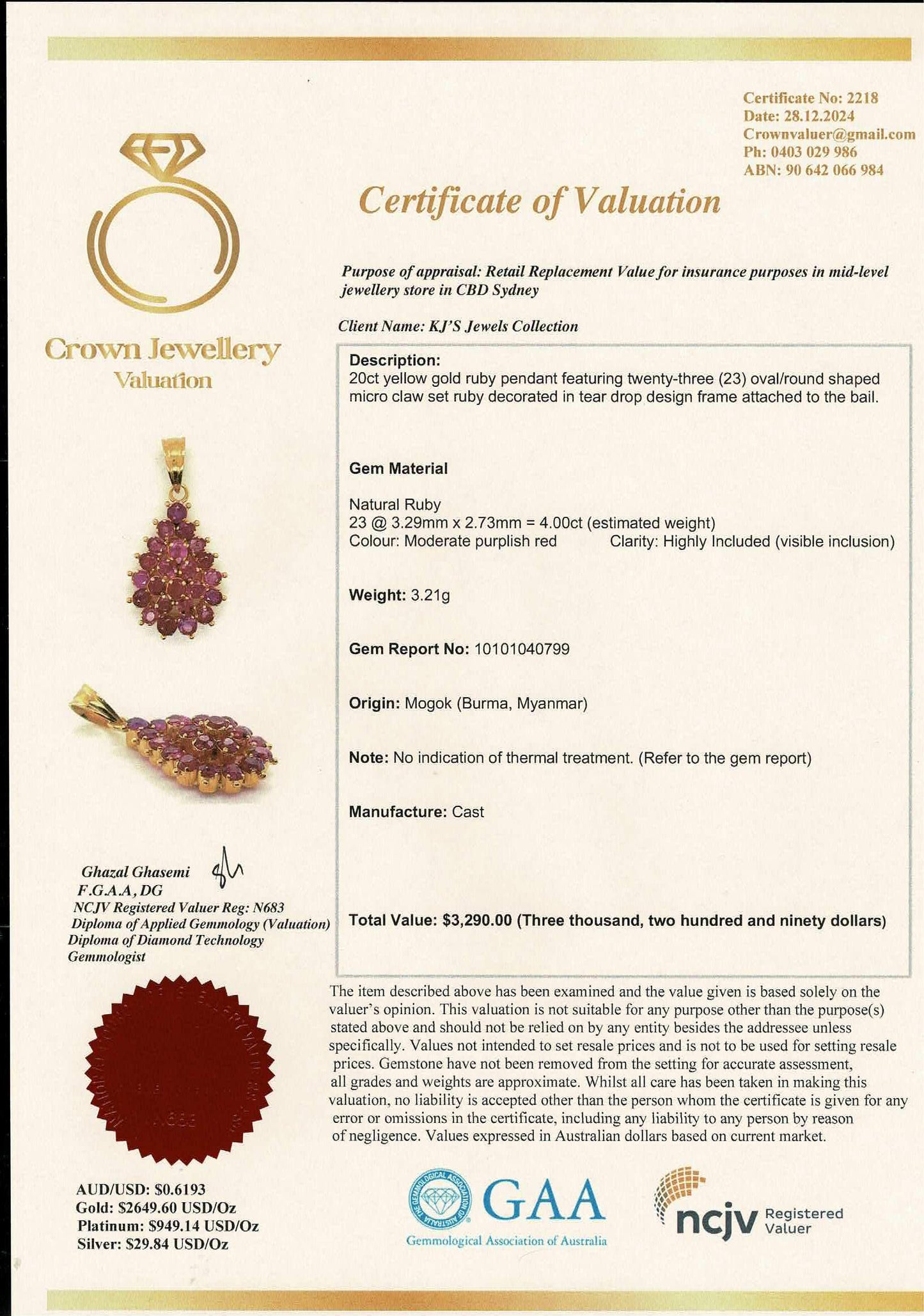 Beautiful Teardrop pendant in Natural Unheated Burmese Ruby (total 4 carats) and 20K Solid Gold