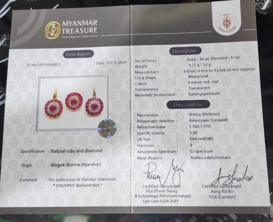 Stunning Earring & Pendant Set -Featuring Natural Unheated Burmese Ruby and Natural Diamond Earrings in 20K Solid Gold.