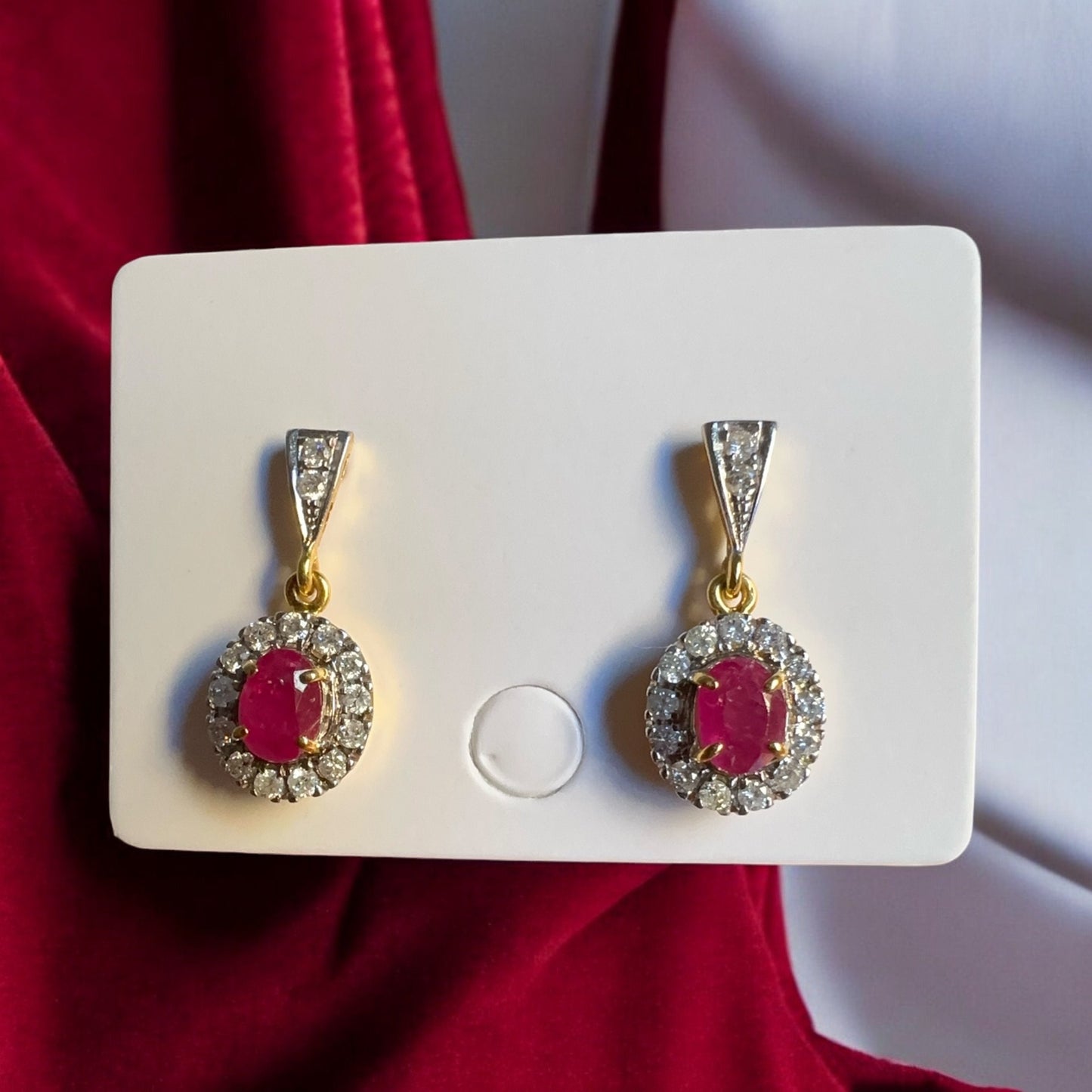 Teardrop style Natural unheated Burmese ruby and natural diamond earrings in 20K solid gold