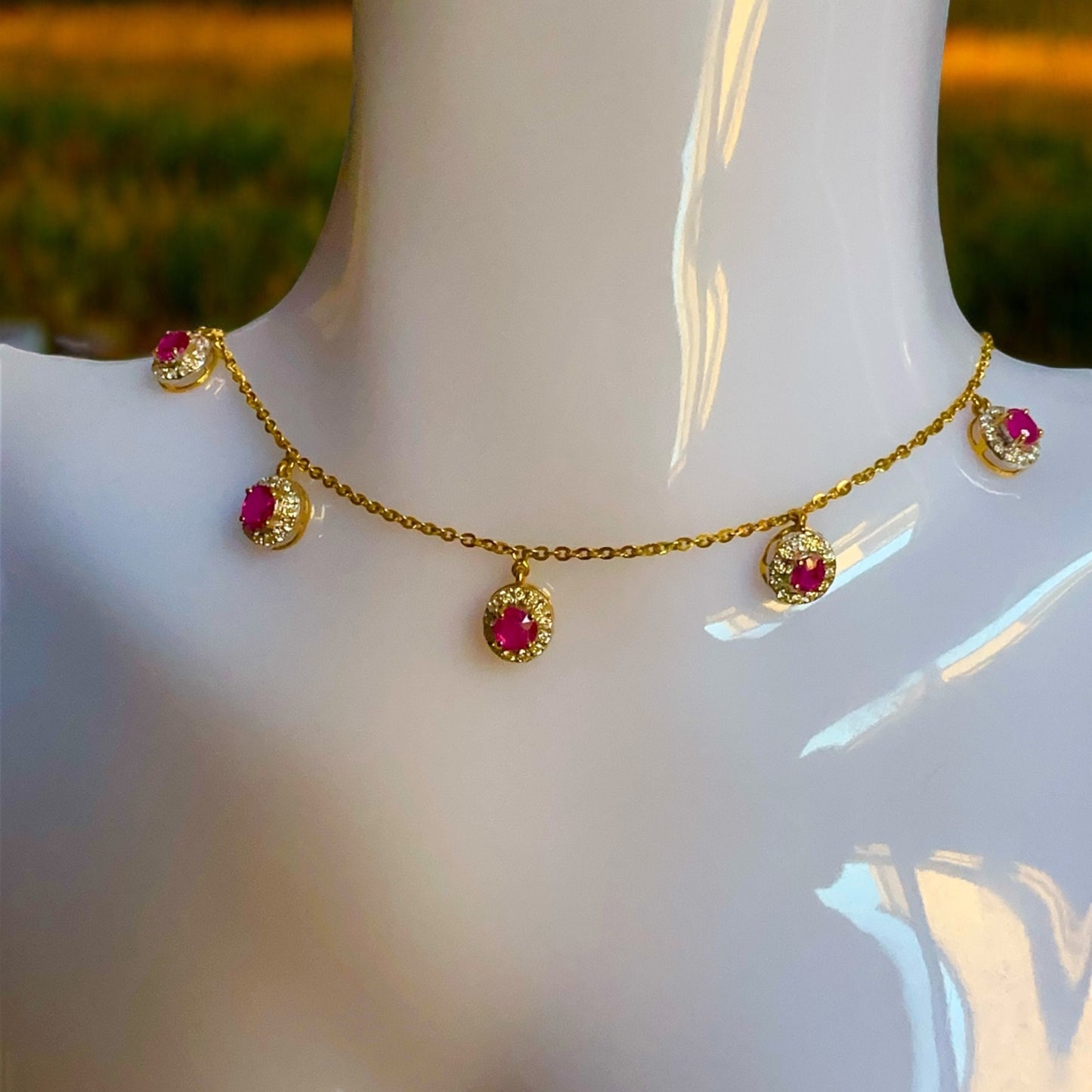 Total 1.35 CT Natural Unheated Burmese (5)Rubies and Genuine Diamonds with 21K gold necklace