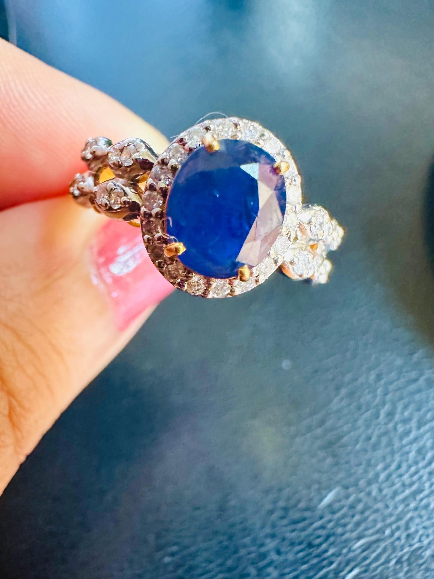 Full 2 Carats of Natural Unheated Sapphire and natural Diamond Ring in 20K Solid Gold