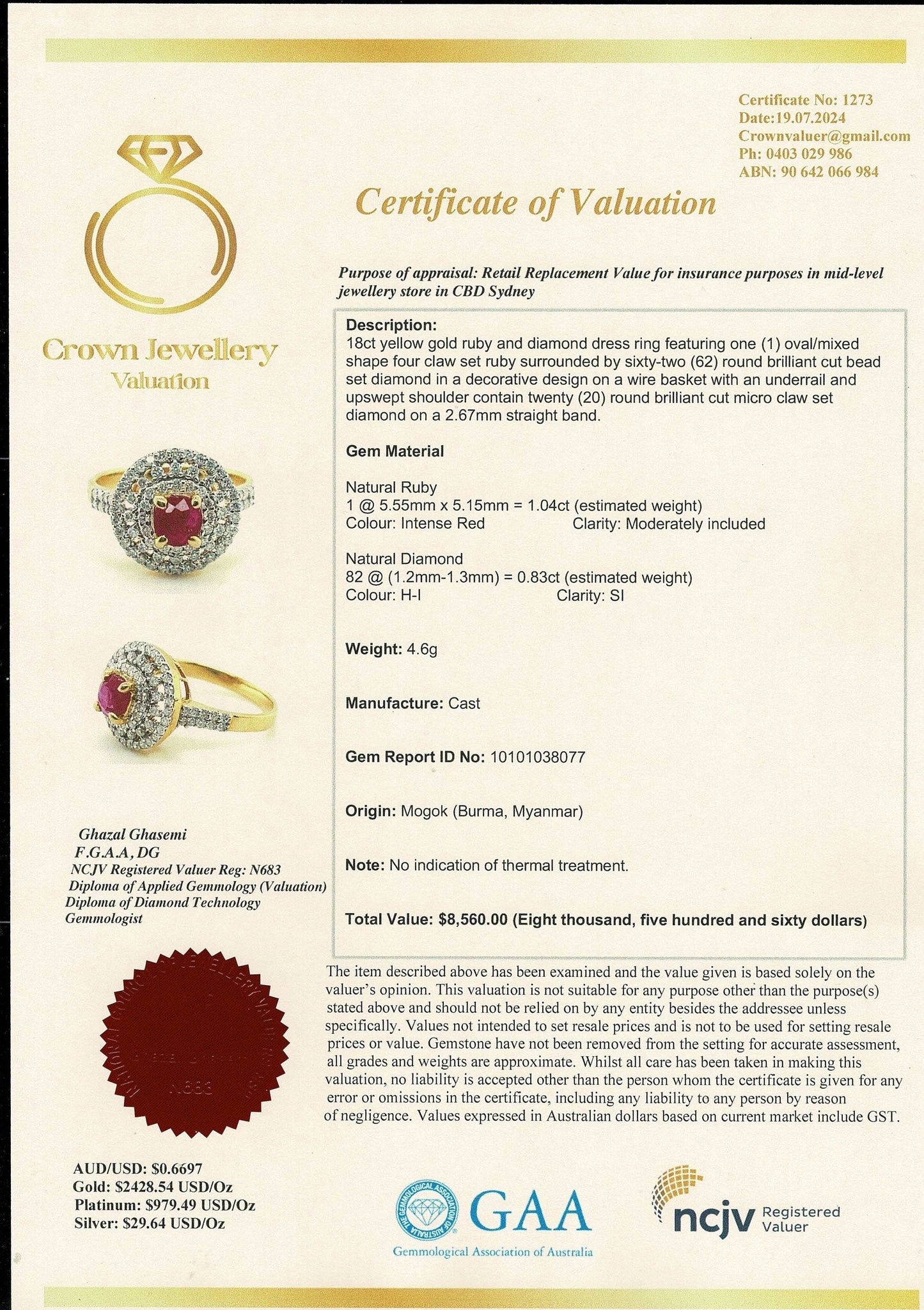 Burmese Natural Unheated Ruby (1.04CT) and Natural Diamonds Ring in 18K Solid Gold