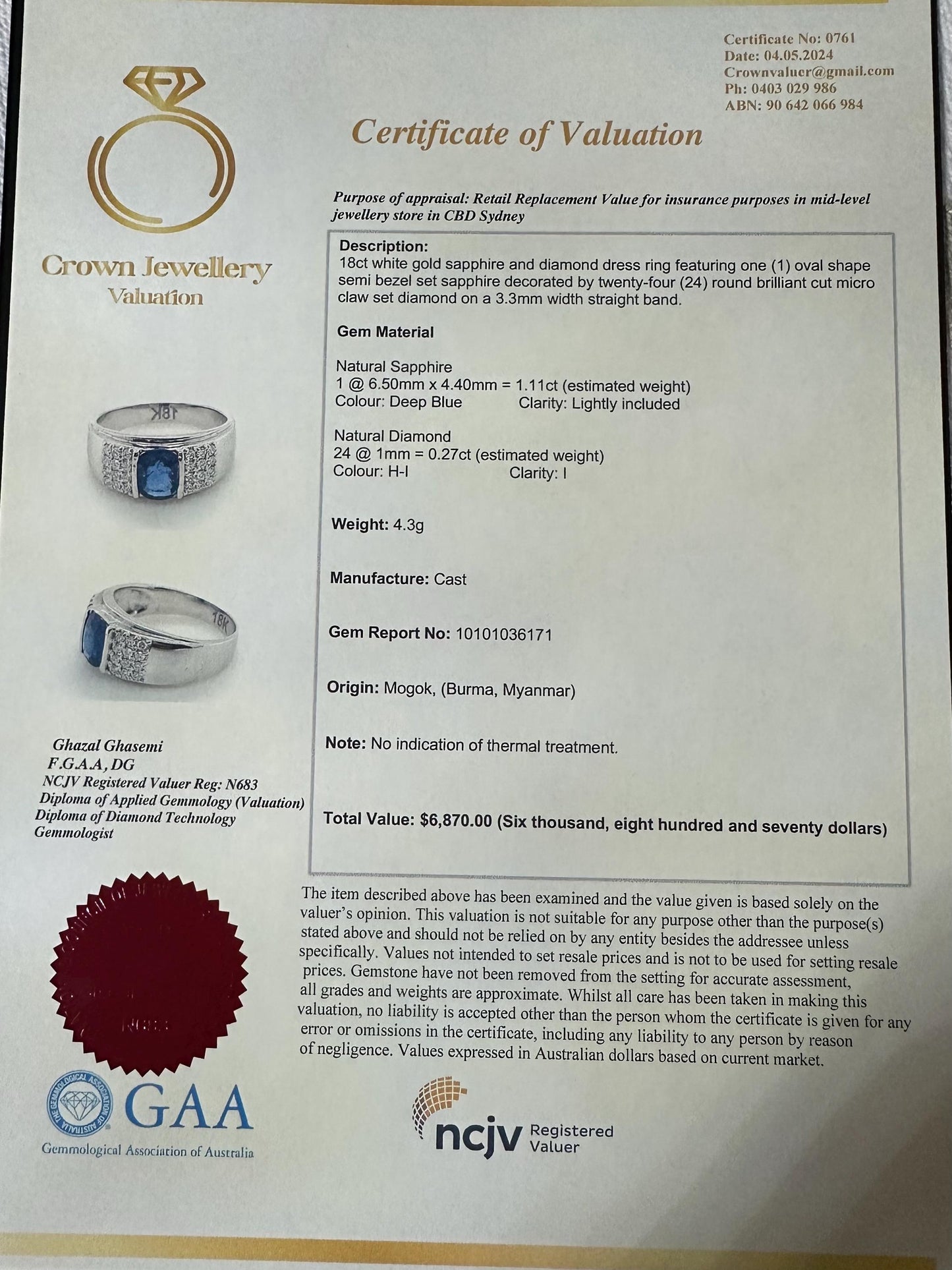 Unisex Natural Unheated Sapphire and Natural Diamond Ring in 18K Solid Gold