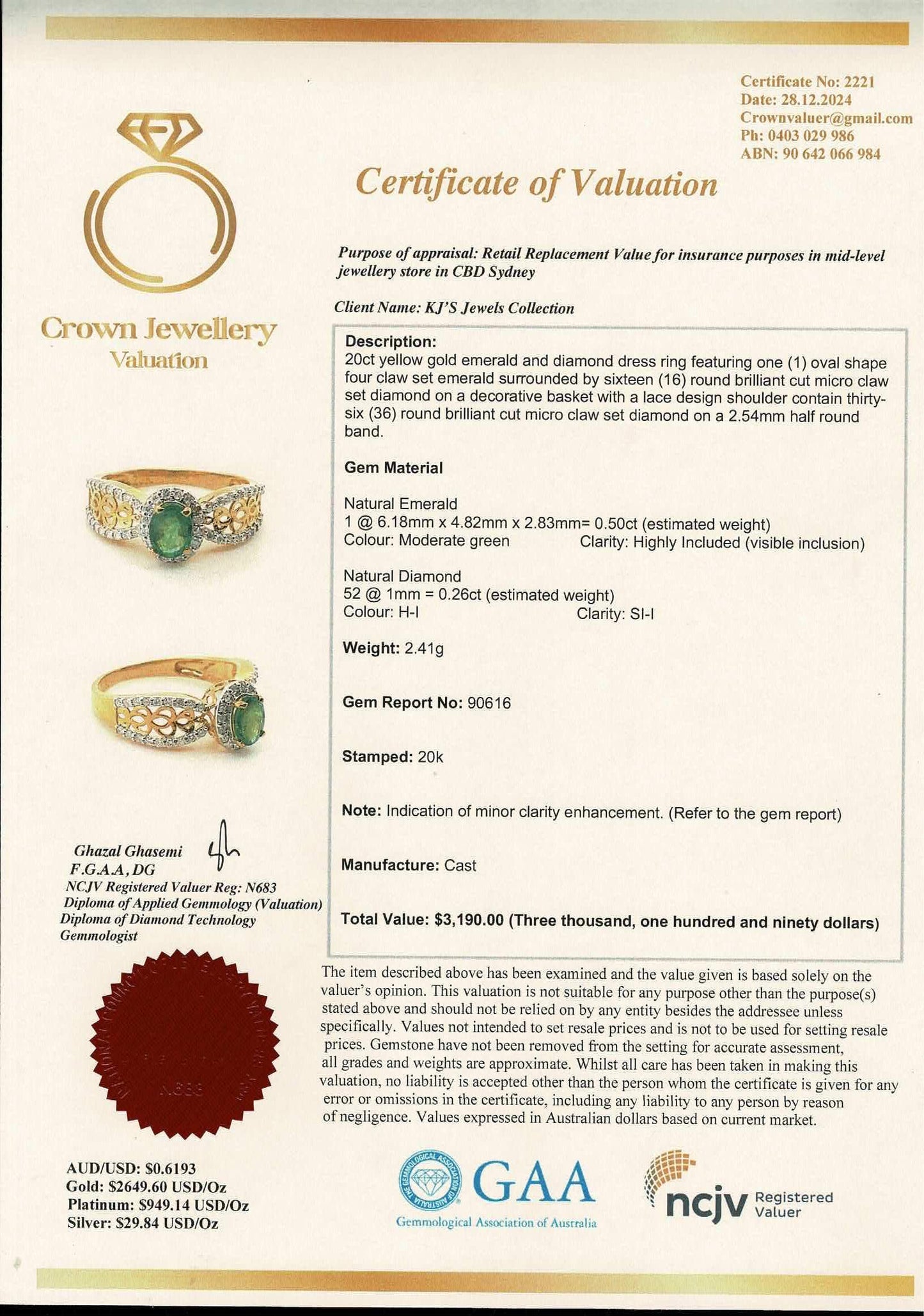Crystal-clear, high-quality Natural Emerald and Natural Diamonds Ring in 20K Solid Gold
