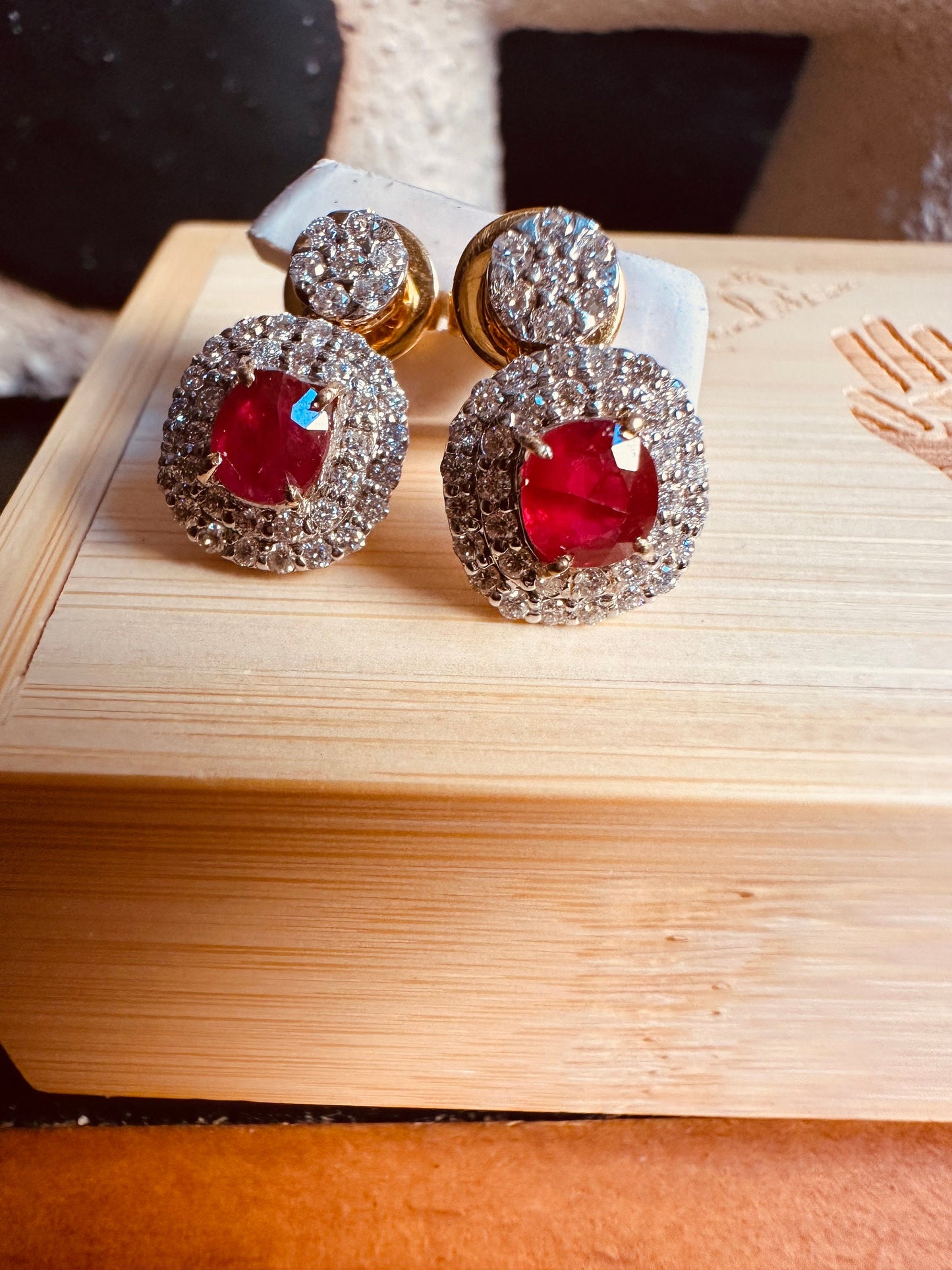 Two-step Burmese natural unheated ruby and natural diamond earrings in 18K solid gold