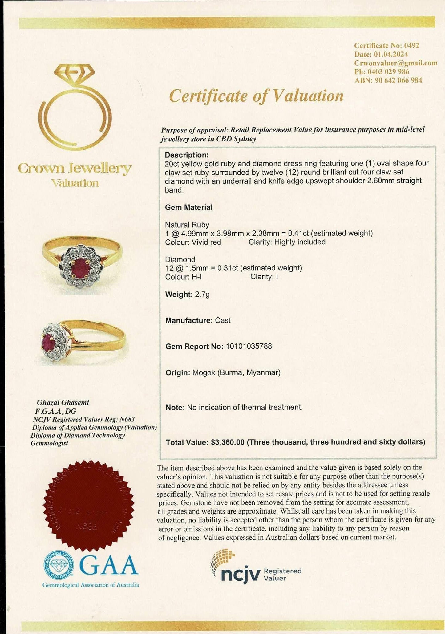 Burmese Unheated Ruby and Natural Diamonds Ring in 20K Solid Gold