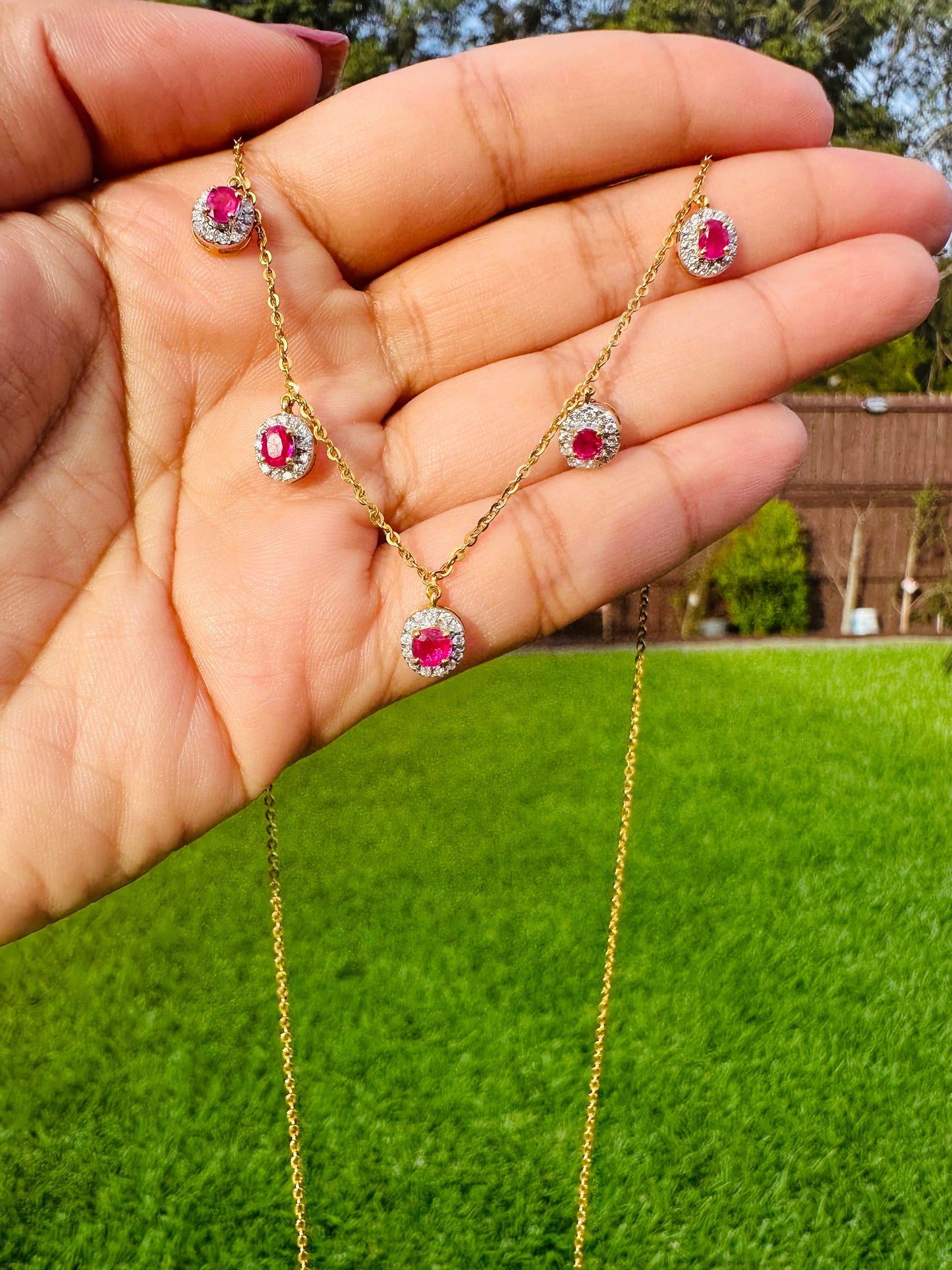 Total 1.35 CT Natural Unheated Burmese (5)Rubies and Genuine Diamonds with 21K gold necklace