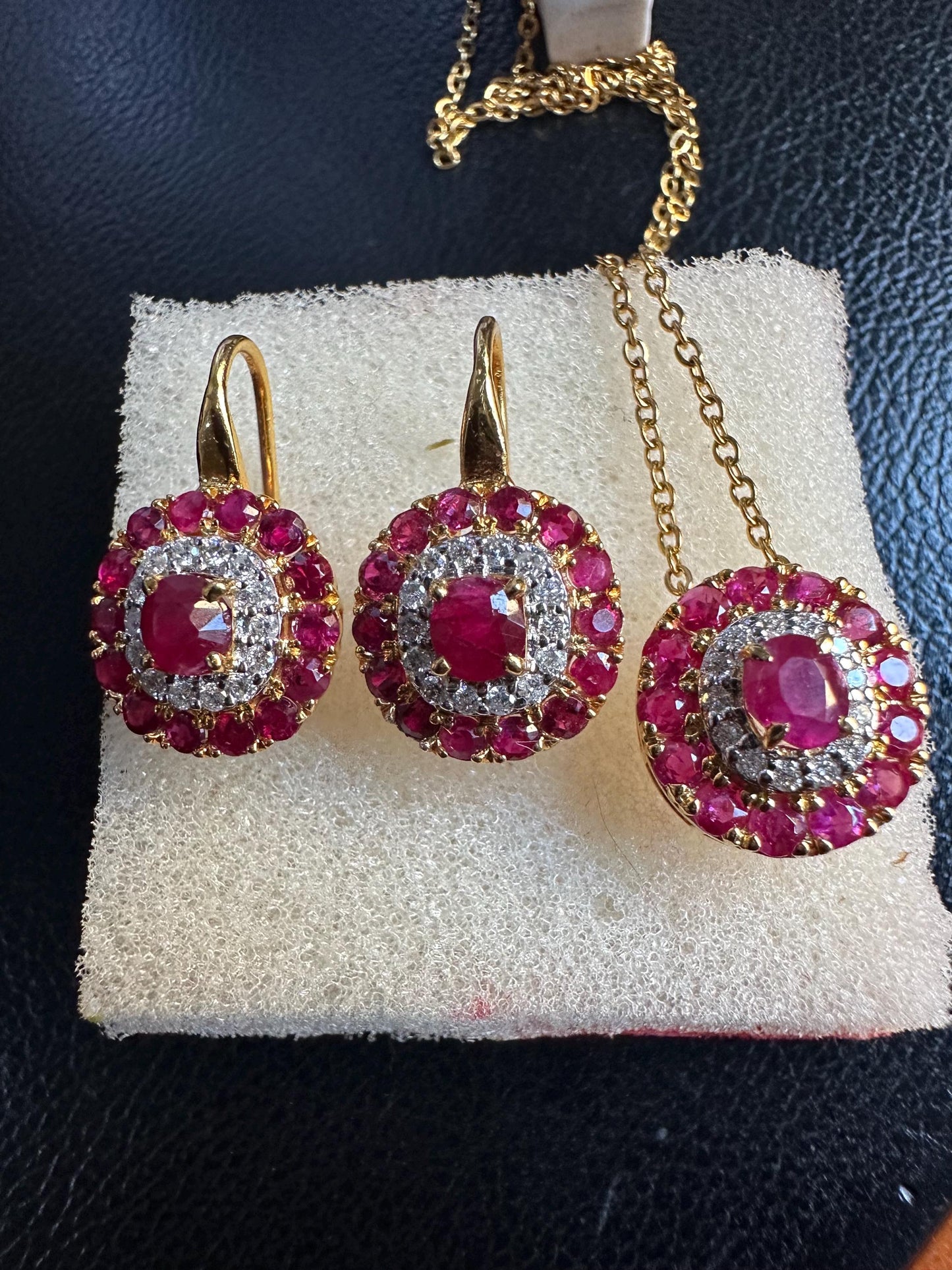 Stunning Earring & Pendant Set -Featuring Natural Unheated Burmese Ruby and Natural Diamond Earrings in 20K Solid Gold.