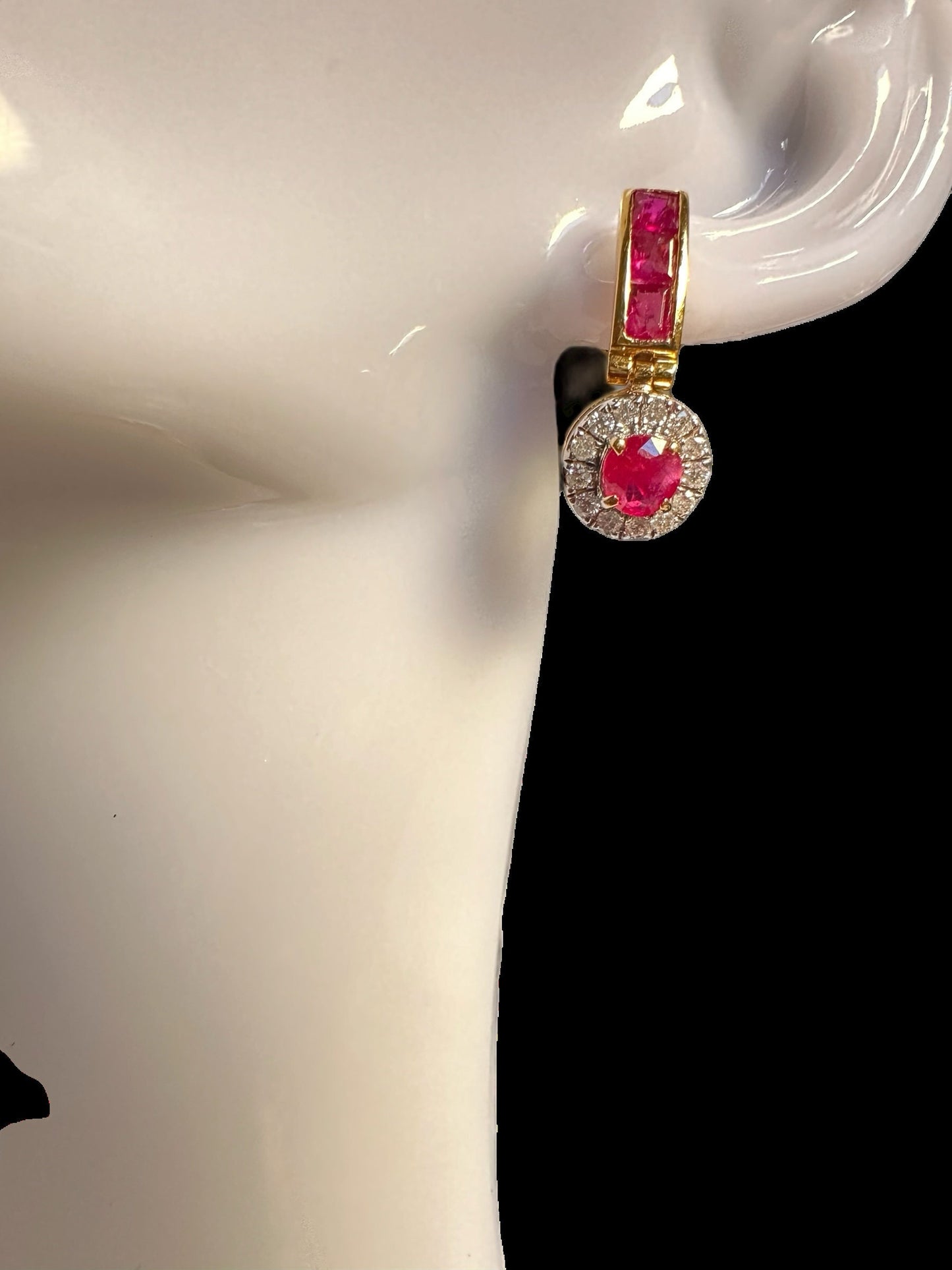 Dangle Drop Earrings with Total 2CT Natural Unheated Burmese Ruby and Diamonds in 20K Gold