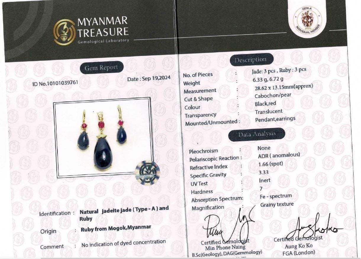 HighQuality Natural Burmese Black Jadeite Jade(Type A) Pendant and Earrings(TW 20.93CT)with Natural Burmese Ruby in 20K Solid Gold.