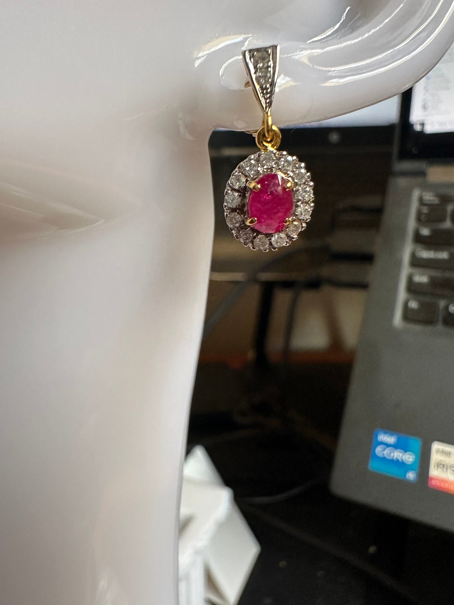 Teardrop style Natural unheated Burmese ruby and natural diamond earrings in 20K solid gold