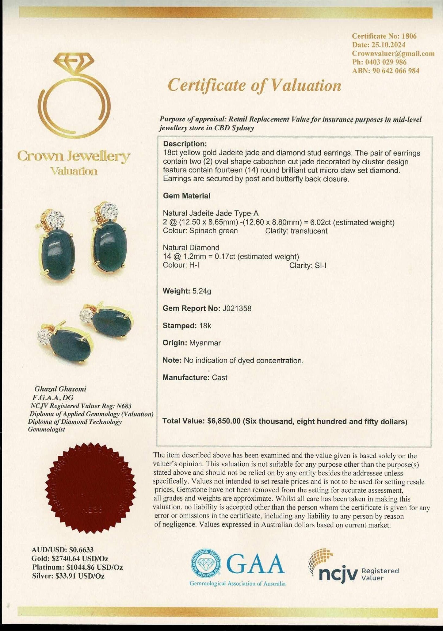 Elegant Earrings in Natural Unheated Burmese Jadeite Jade(Type A) (6.02CT) with Natural Diamonds and 18K Solid Gold.