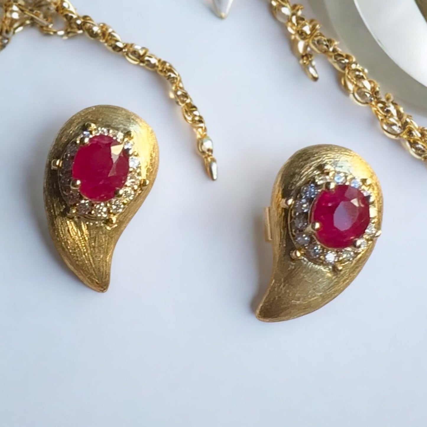 Vintage Style Natural Unheated Burmese Ruby (1.18CT) and Natural Diamonds Earrings in 18K Solid Yellow Gold