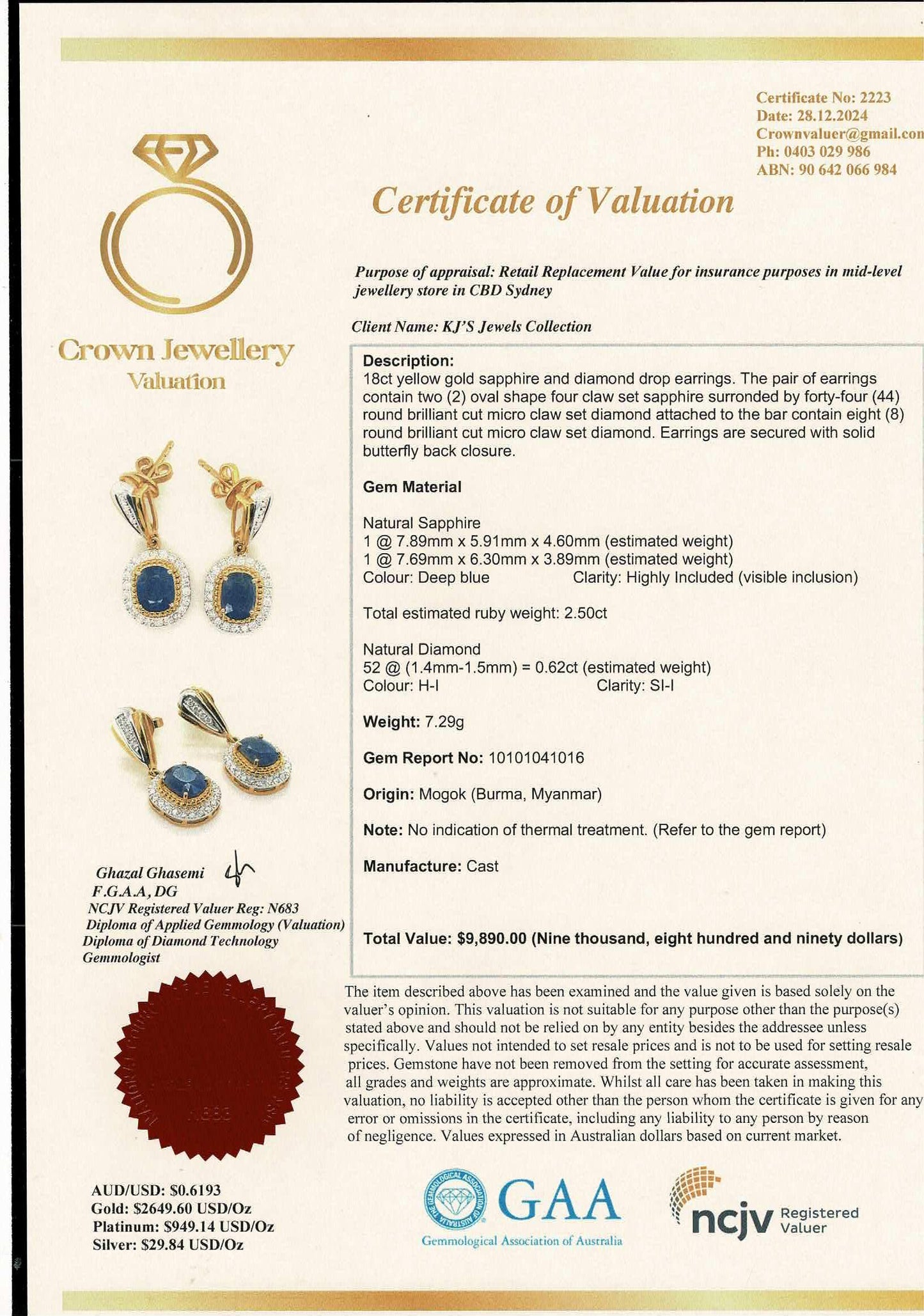 Total 2.5 CT Natural Unheated Sapphires & Diamond Earring with 18K Solid Gold