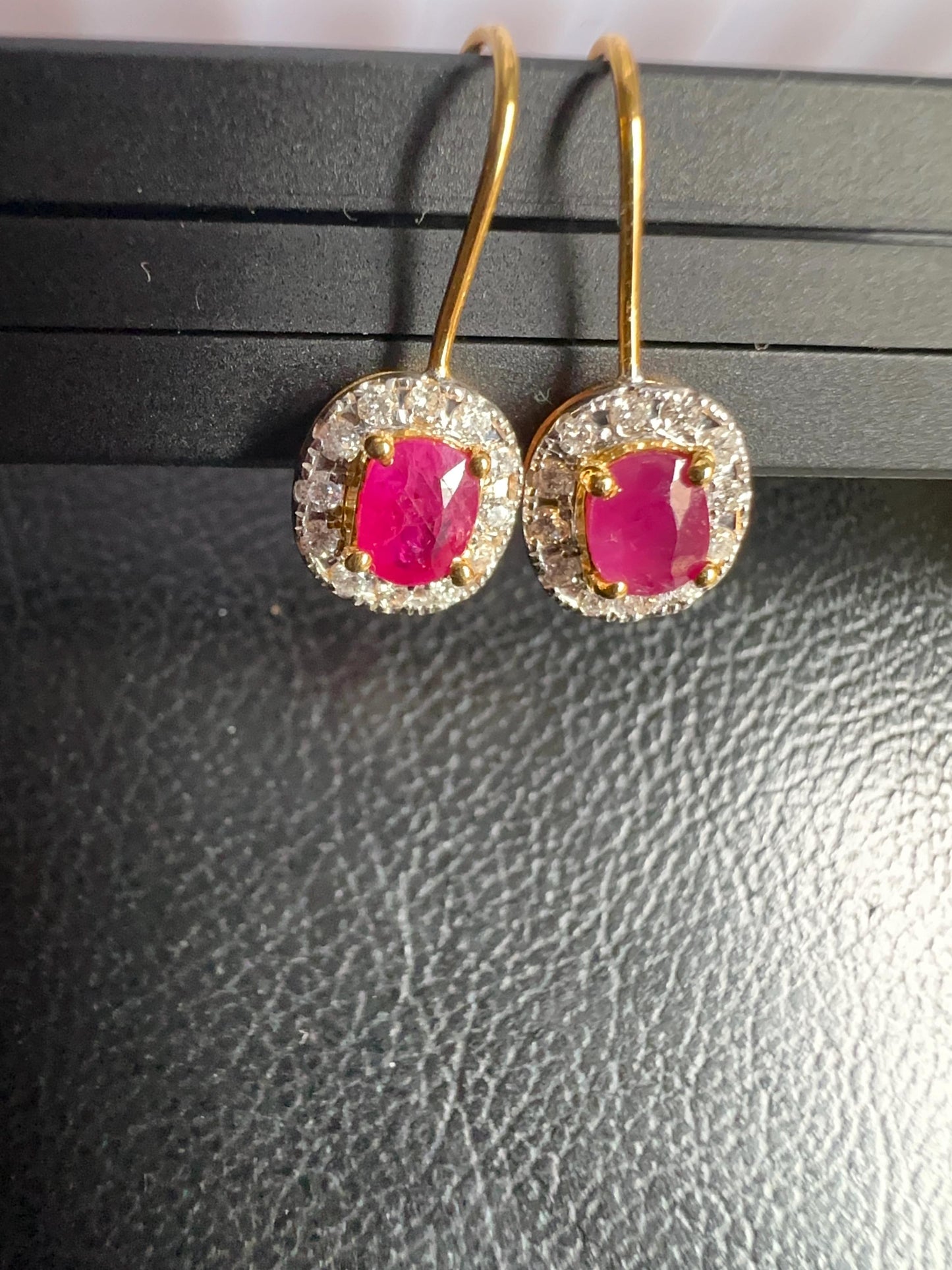 Natural unheated Burmese rubies (1.5CT) and natural diamond drop earrings in 20K solid gold