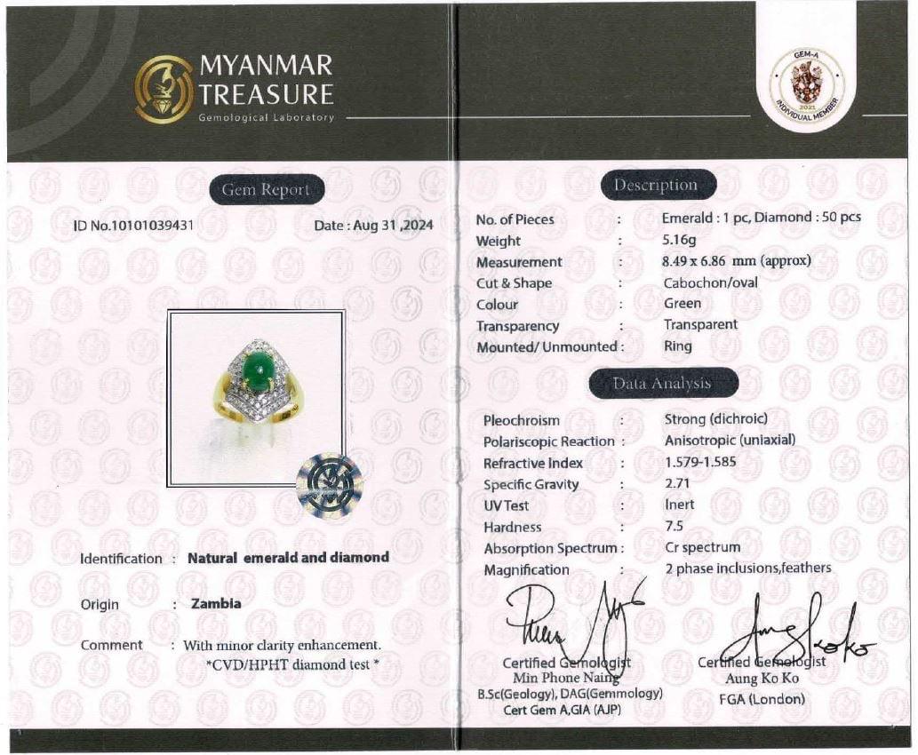 Beautiful Natural Emerald and Natural Diamonds Ring in 20K Solid Gold