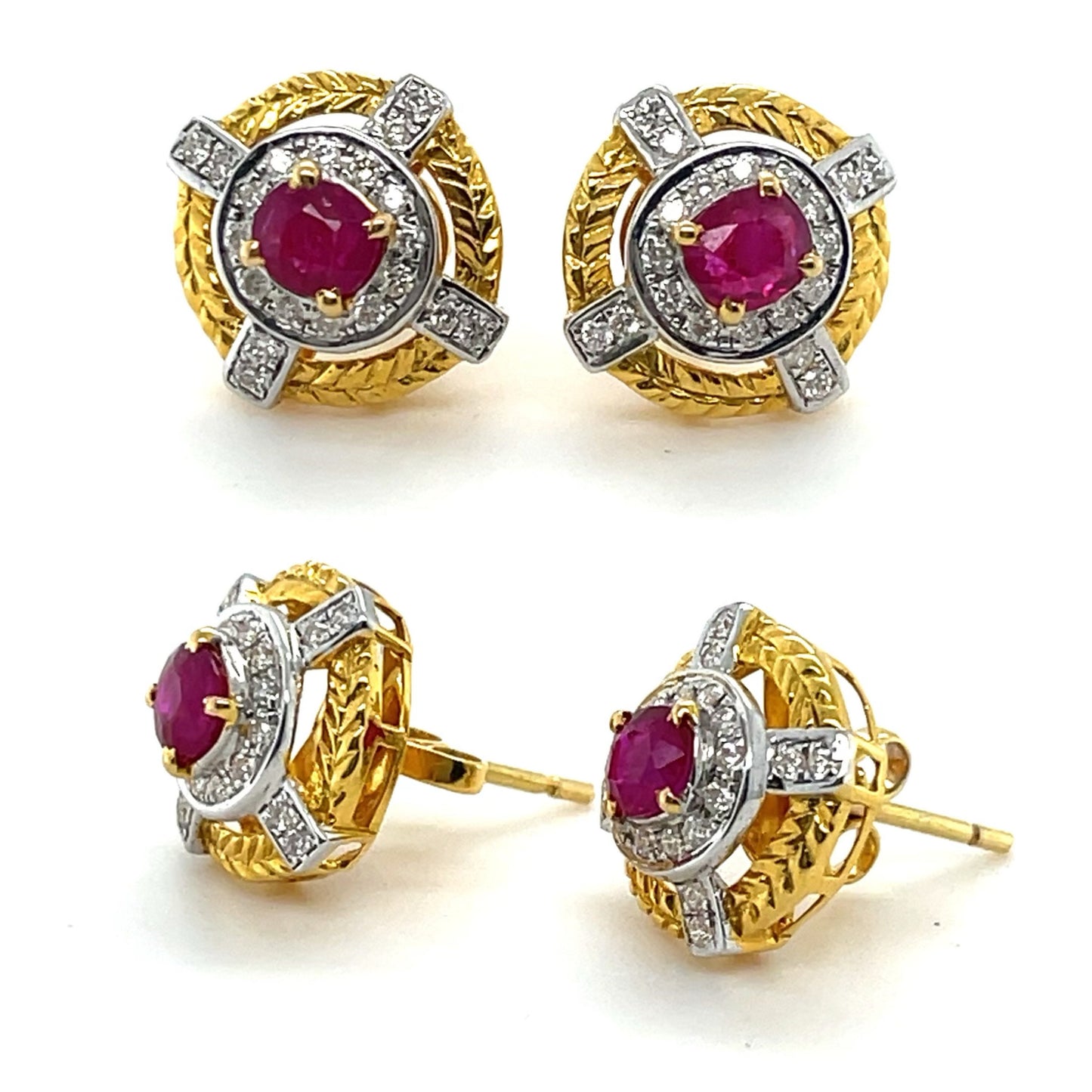 1.29CT Burma Unheated Ruby and Natural Diamonds Earring in 18K Solid Gold