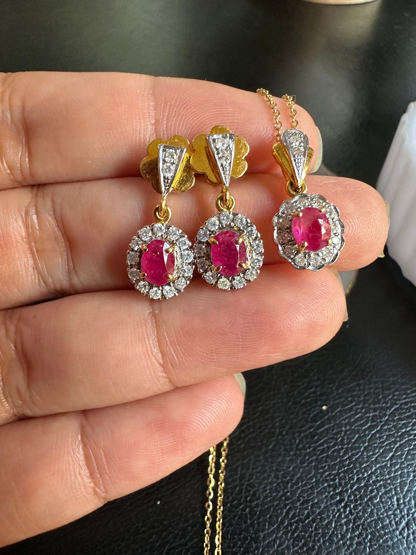 Stunning Earring & Necklace Set -Featuring Natural Unheated Burmese Ruby and Natural Diamond Earrings in 20K Solid Gold.