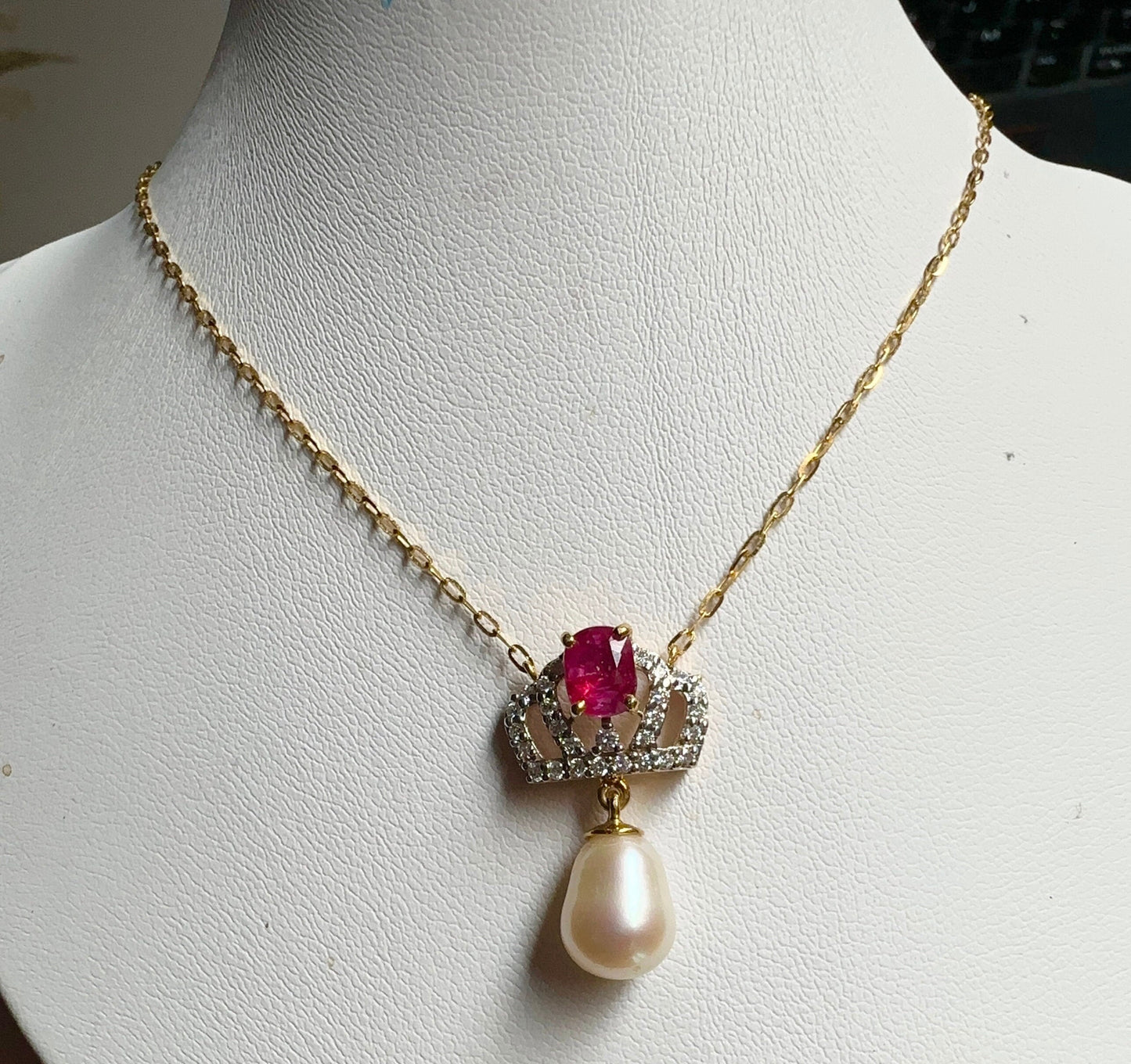 Pendant featuring a combination of Natural Unheated Ruby, South Sea Cultured Pearl and Natural Diamonds in 18K Solid Gold.