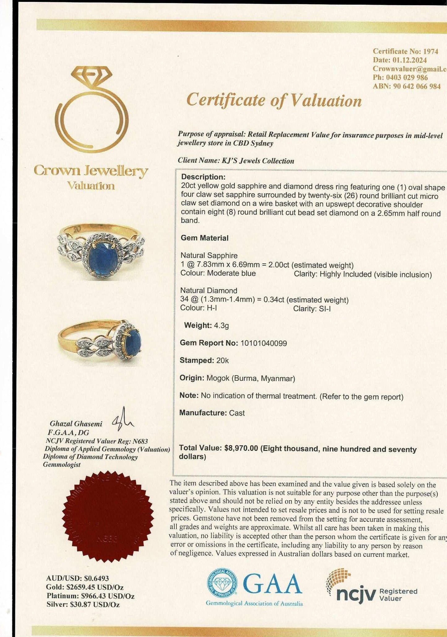 Full 2 Carats of Natural Unheated Sapphire and natural Diamond Ring in 20K Solid Gold