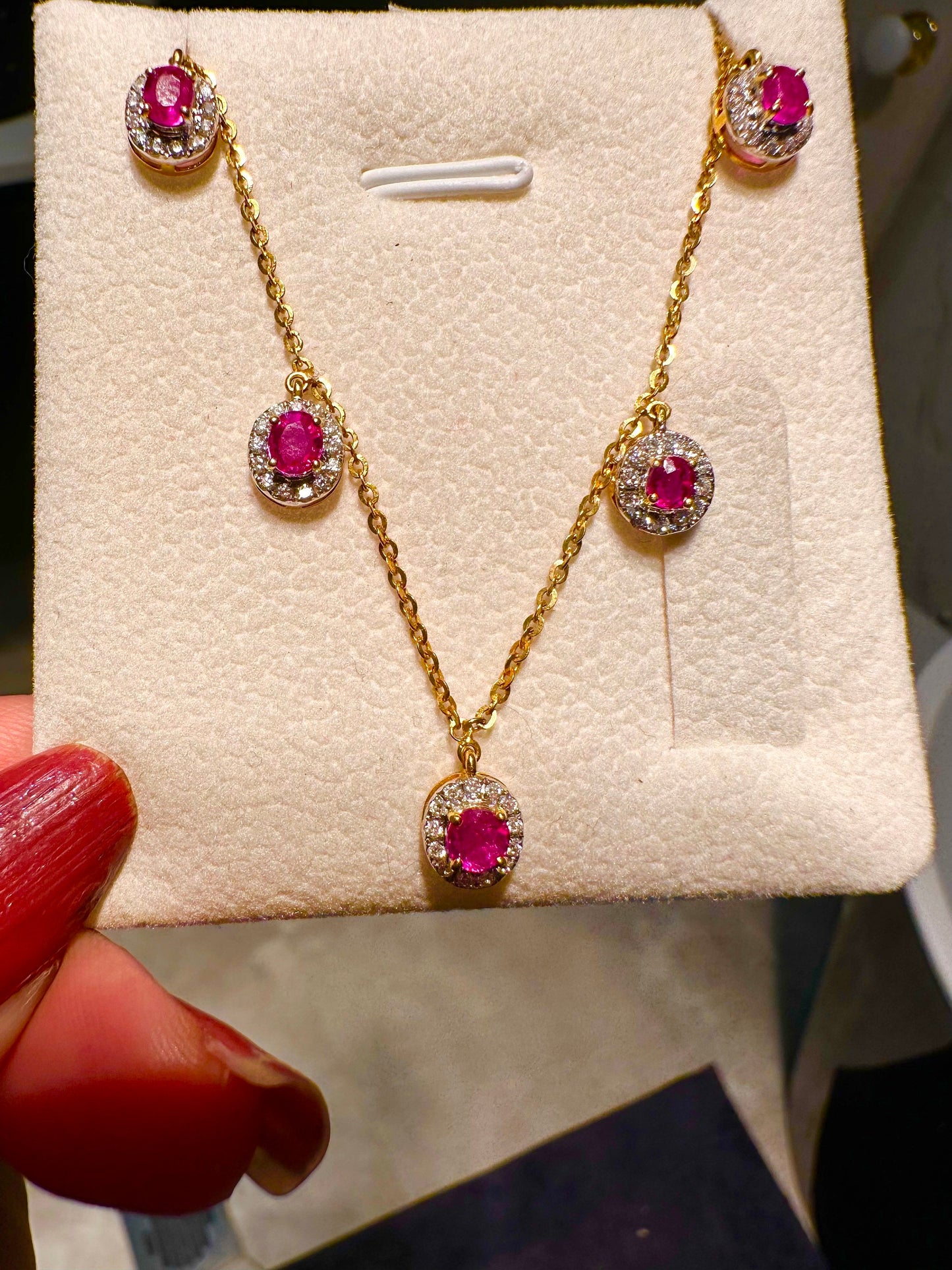 Total 1.35 CT Natural Unheated Burmese (5)Rubies and Genuine Diamonds with 21K gold necklace