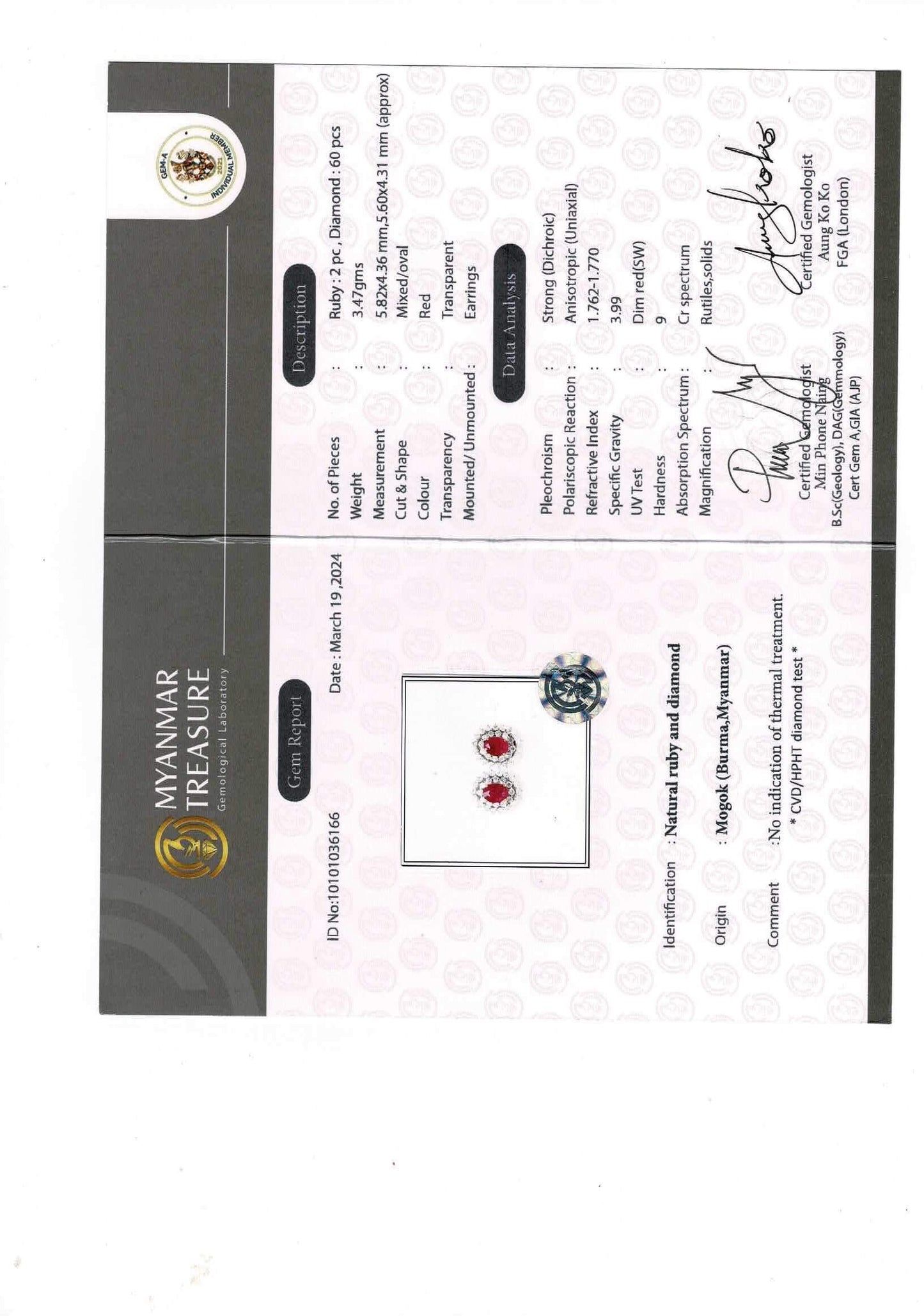 Total 2.13 CT Burmese Natural Unheated Ruby and Natural Diamonds Earrings in 18K Solid Gold