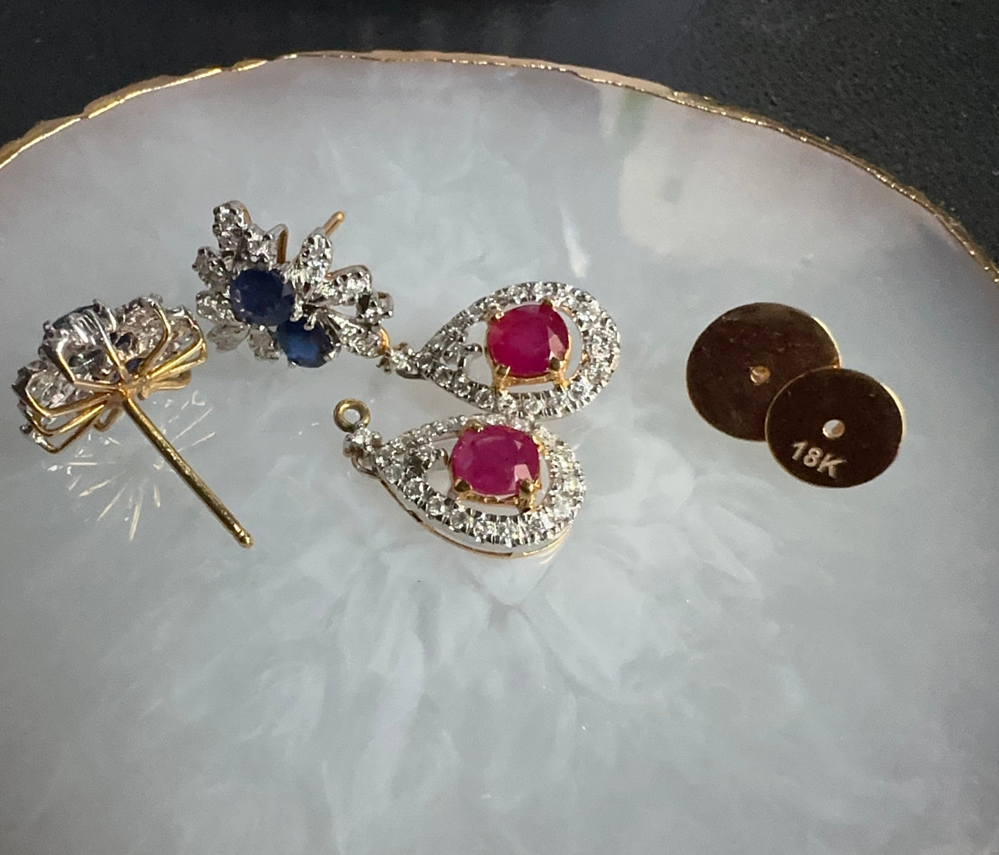 Beautiful natural untreated Burmese ruby, sapphire, and diamond (2 in 1) earring stud in 18K Solid Gold
