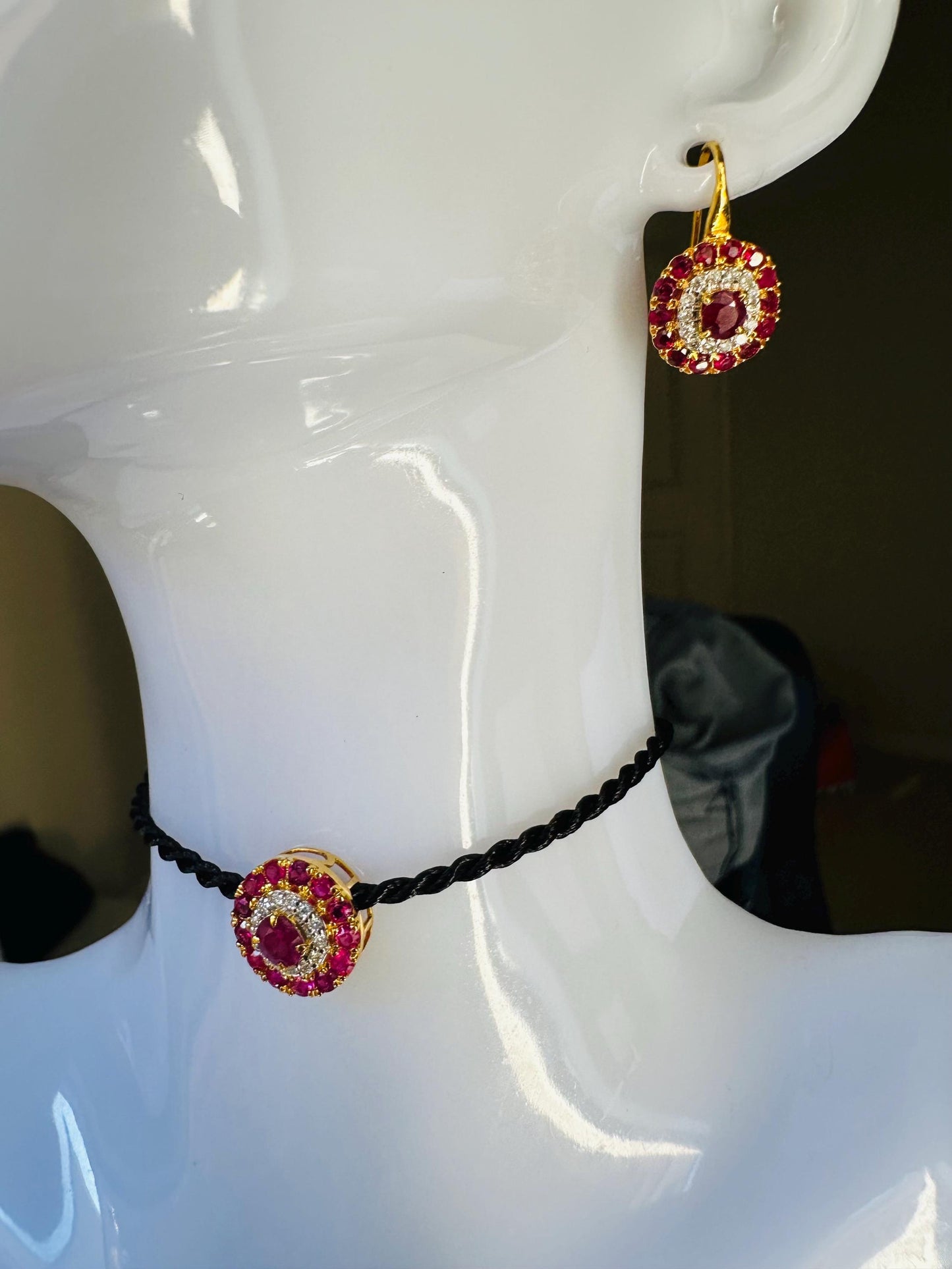 Stunning Earring & Pendant Set -Featuring Natural Unheated Burmese Ruby and Natural Diamond Earrings in 20K Solid Gold.