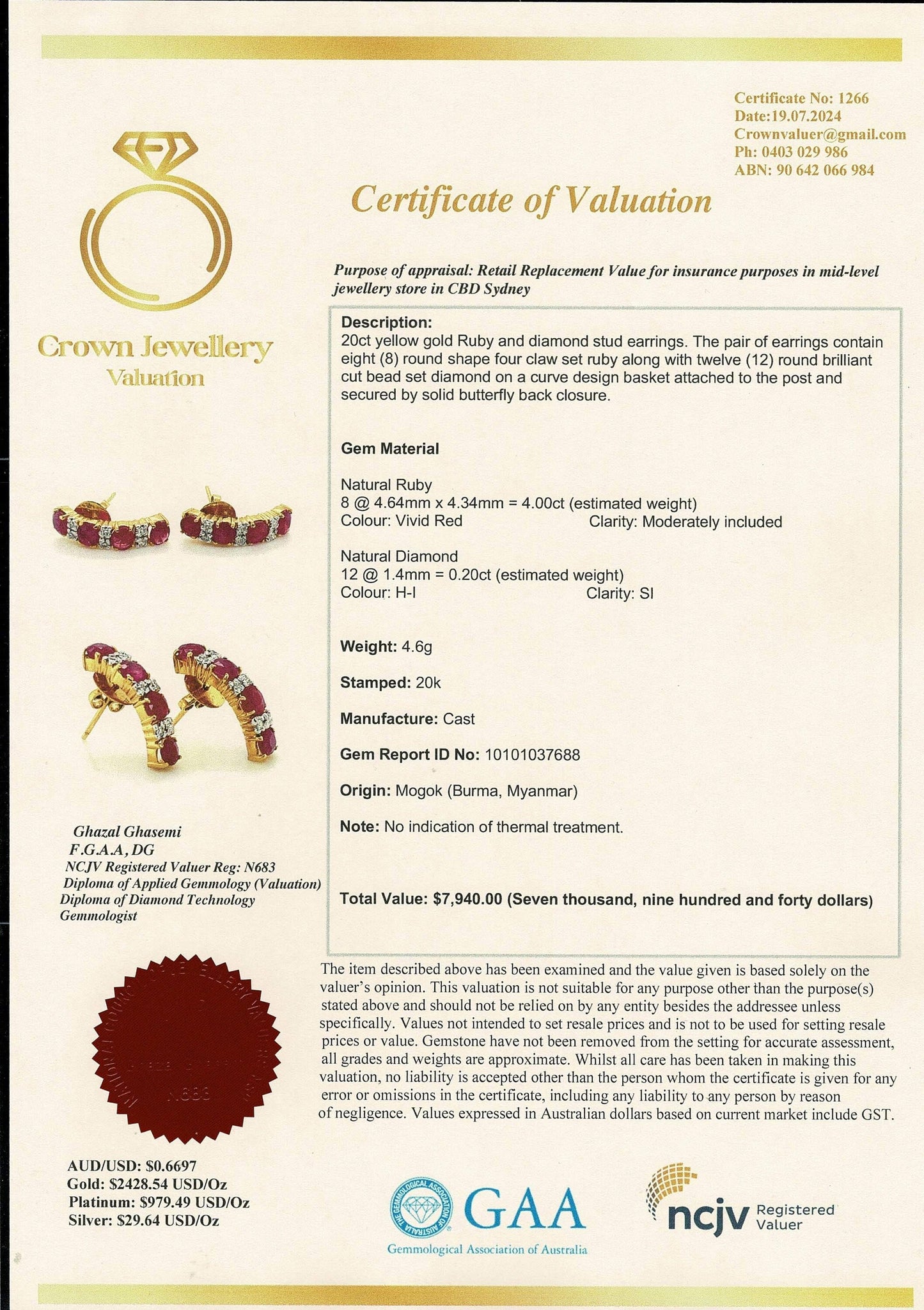 Total 4CT of Natural Unheated Burmese Ruby Dimond Earring & Total 2.50CT of NUB Ruby Diamonds Pendant Set