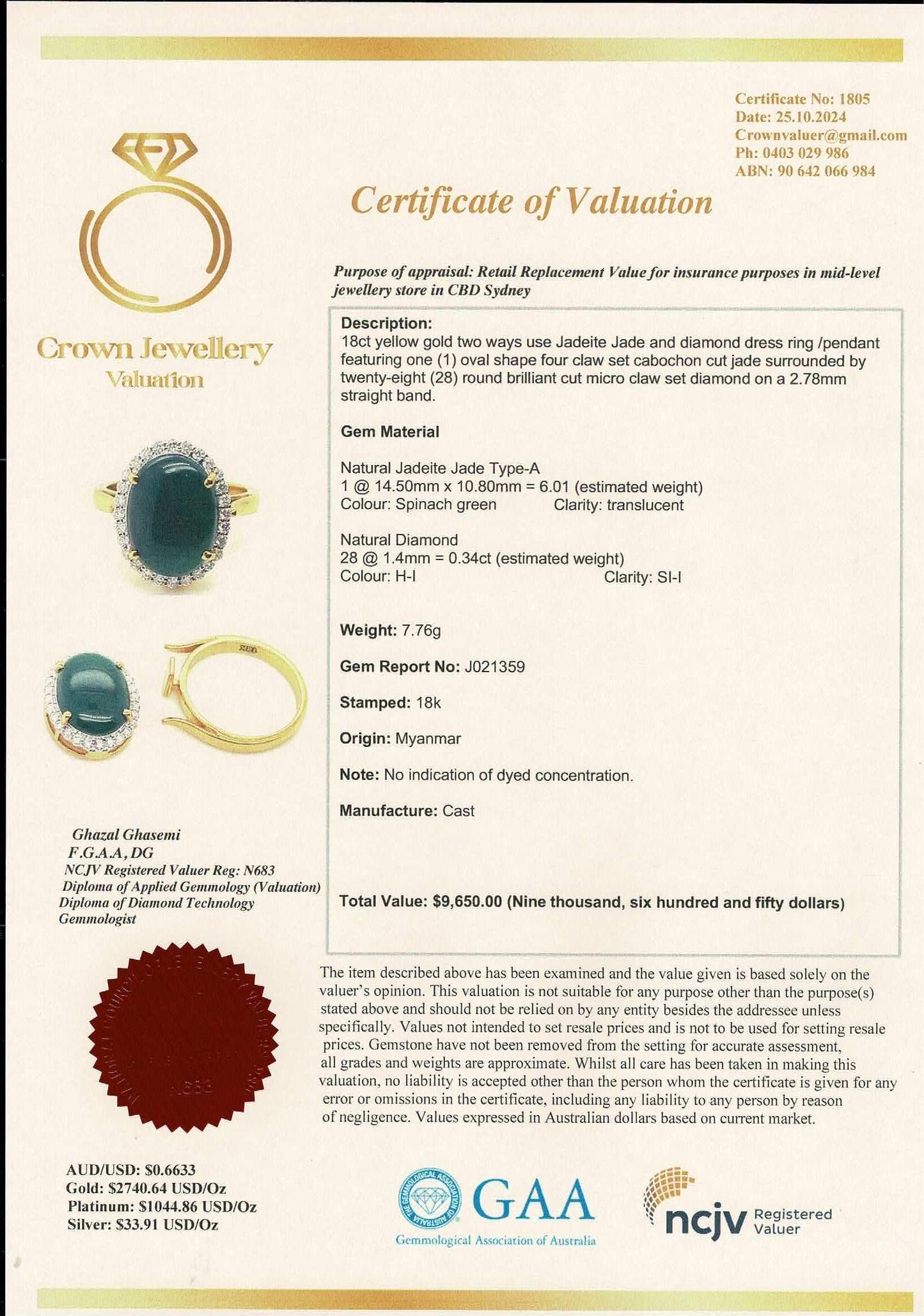 Two way of Pendant or Ring in Natural Unheated Burmese Jadeite Jade(Type A) (6CT) with Natural Diamonds and 18K Solid Gold.