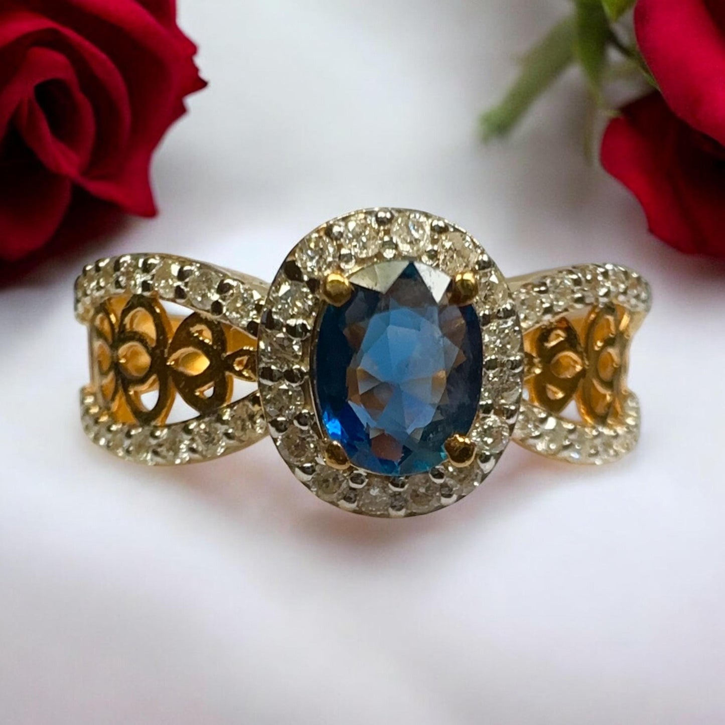 Natural Unheated Sapphire and Natural Diamond Ring in 20K Solid Gold