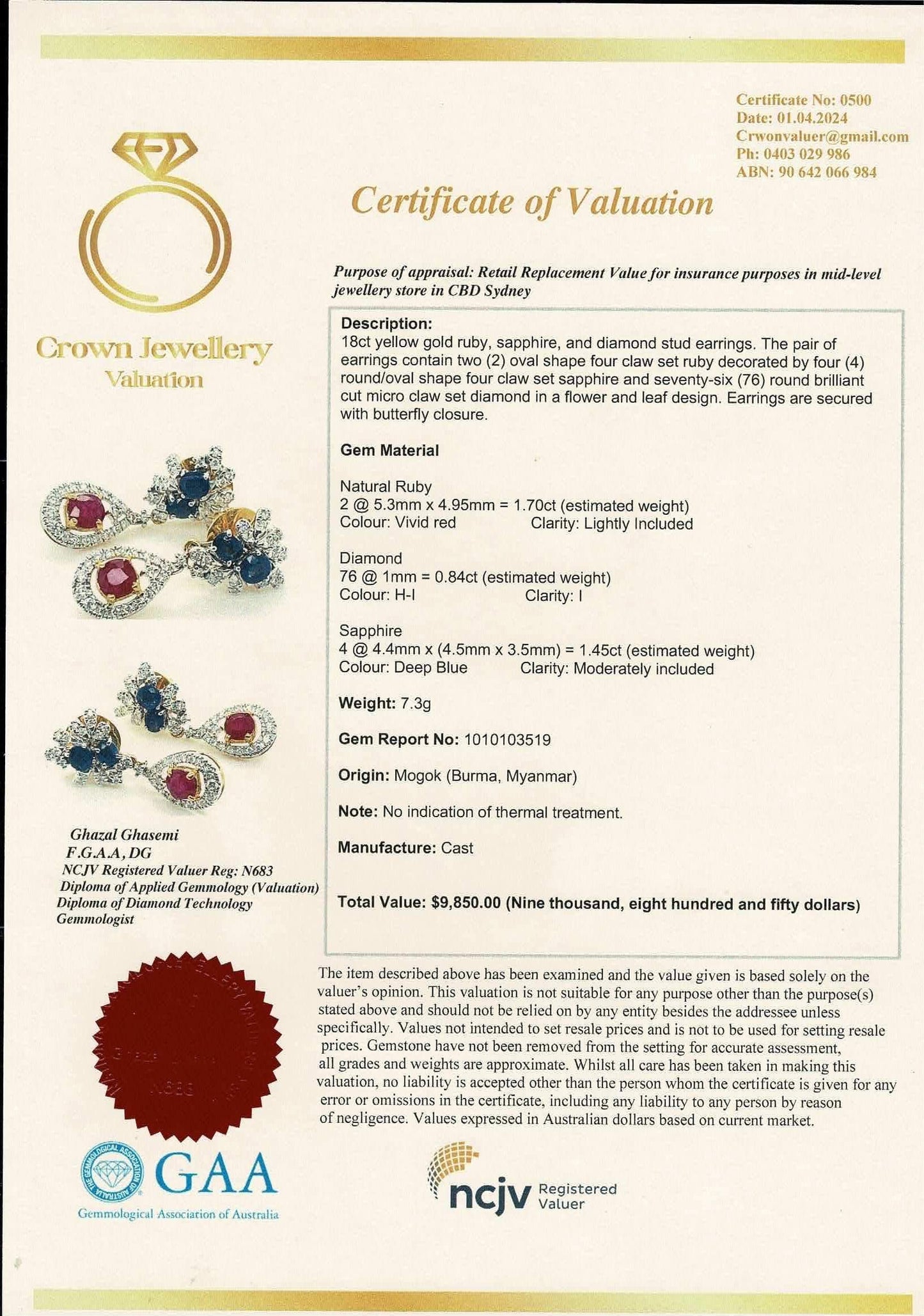 Beautiful natural untreated Burmese ruby, sapphire, and diamond (2 in 1) earring stud in 18K Solid Gold
