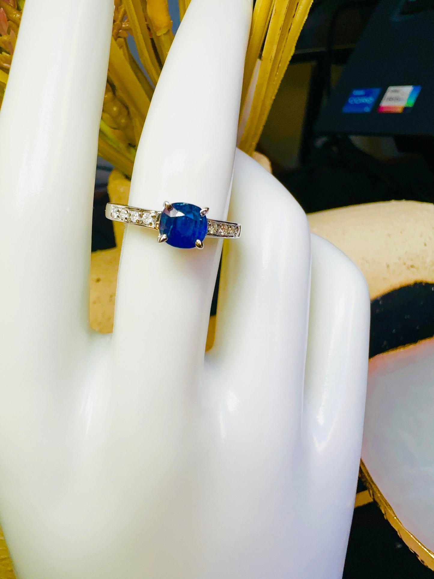 Burmese Natural Unheated Sapphire and Natural Diamonds Ring in 20K Solid White Gold