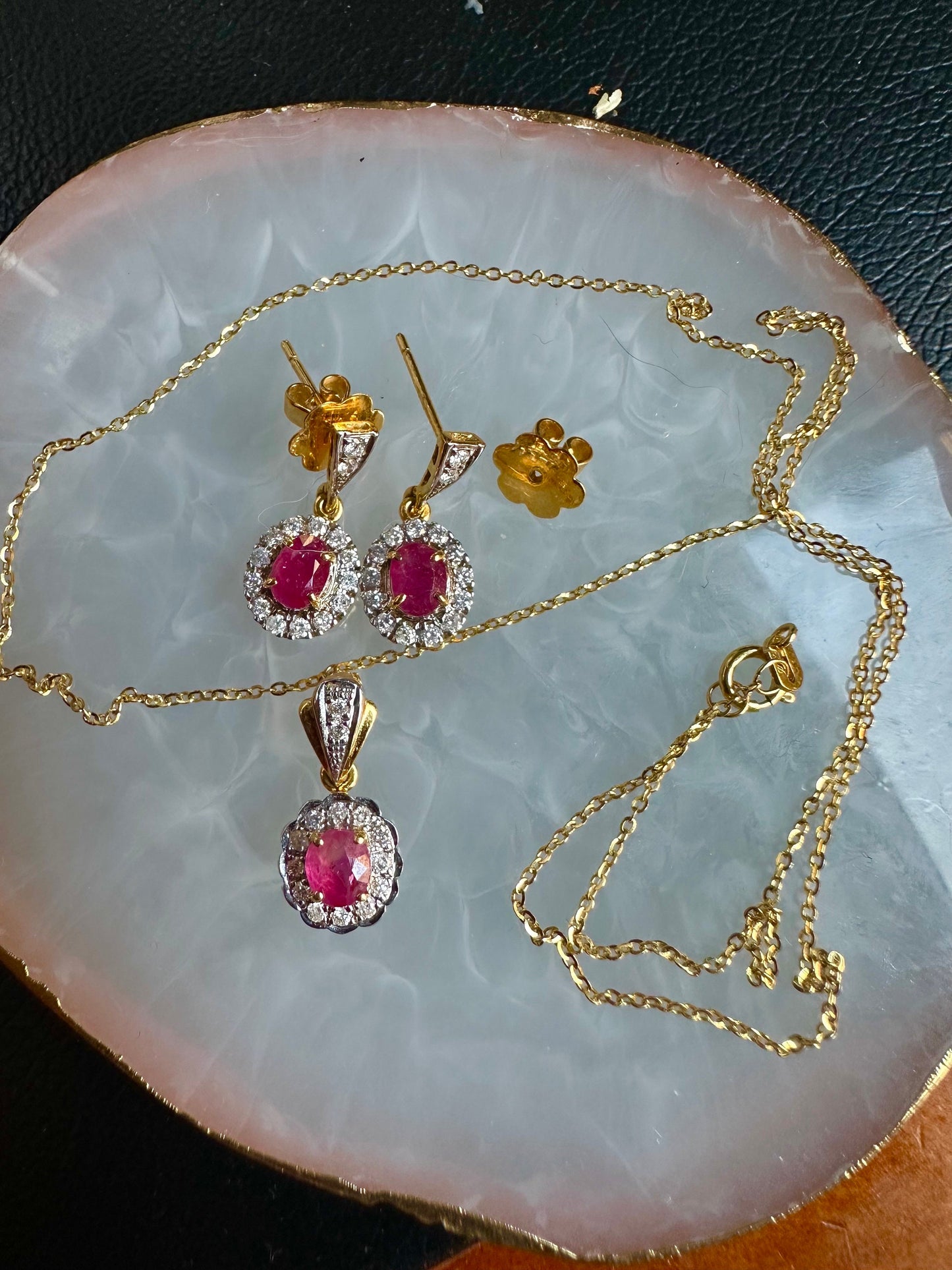 Stunning Earring & Necklace Set -Featuring Natural Unheated Burmese Ruby and Natural Diamond Earrings in 20K Solid Gold.