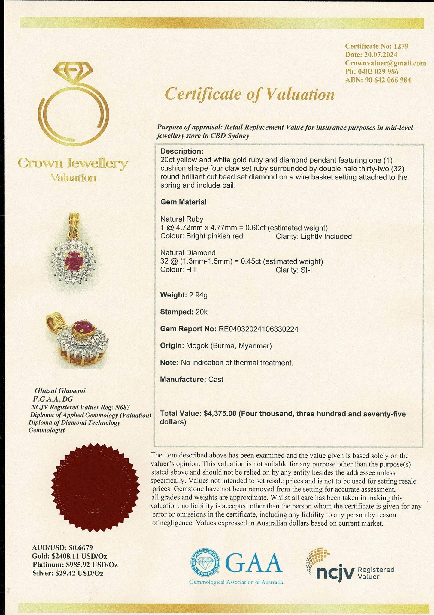 Beautiful Pendant with Natural Unheated Burma Ruby and Natural Diamonds in 20K Solid Gold