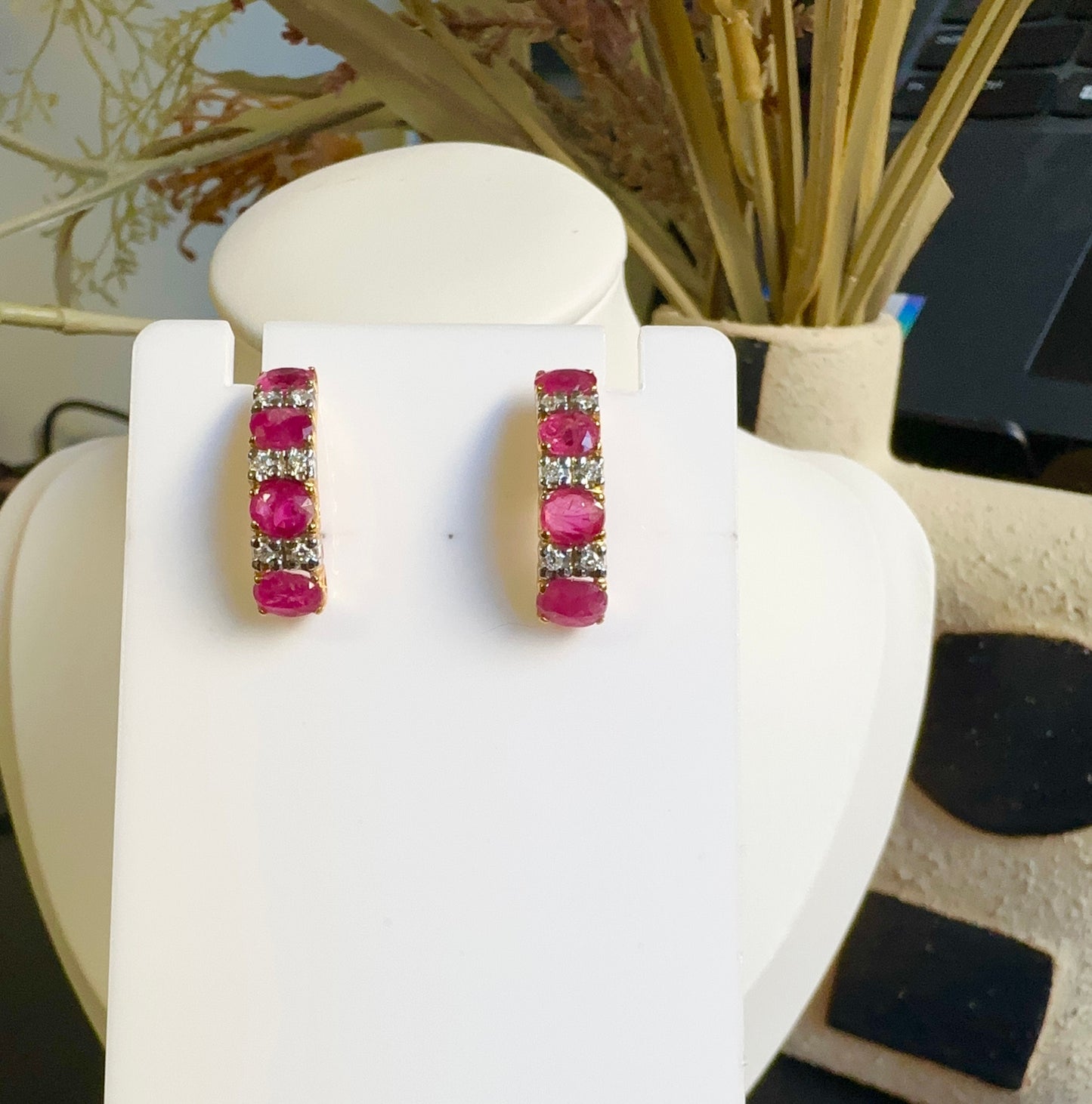 Total 3.63CT Burmese Unheated Rubies and Natural Diamonds Stud Earrings in 20K Solid Gold