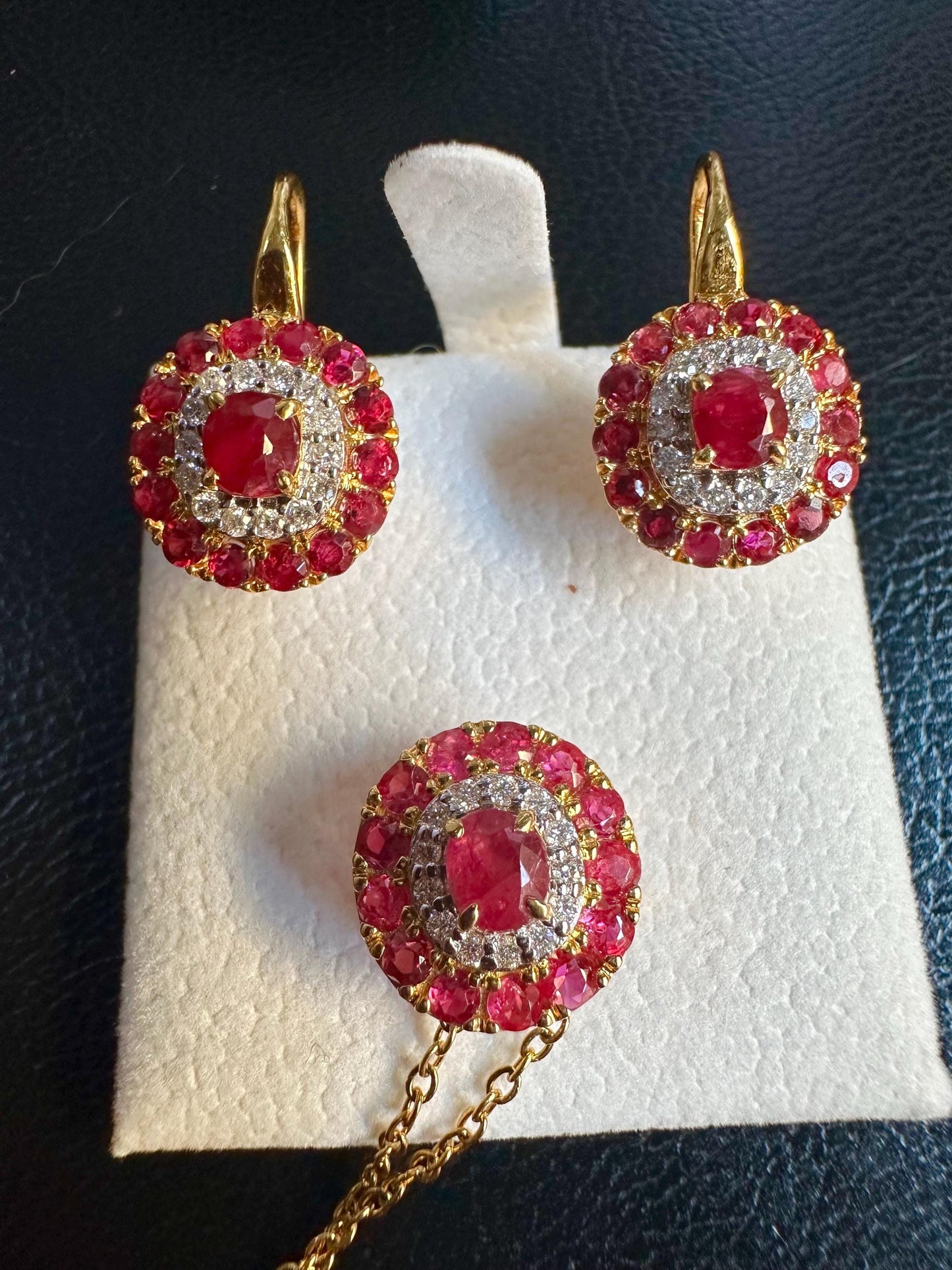 Stunning Earring & Pendant Set -Featuring Natural Unheated Burmese Ruby and Natural Diamond Earrings in 20K Solid Gold.