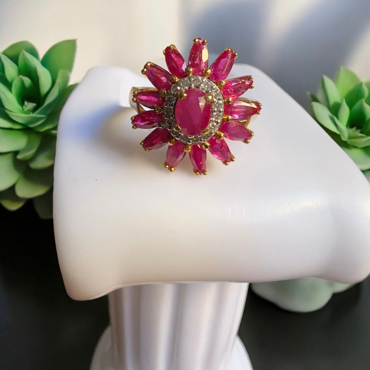Vintage Sunflower Design Burmese Natural Unheated Ruby (2.65CT) and Diamonds Ring in 20K Solid Gold