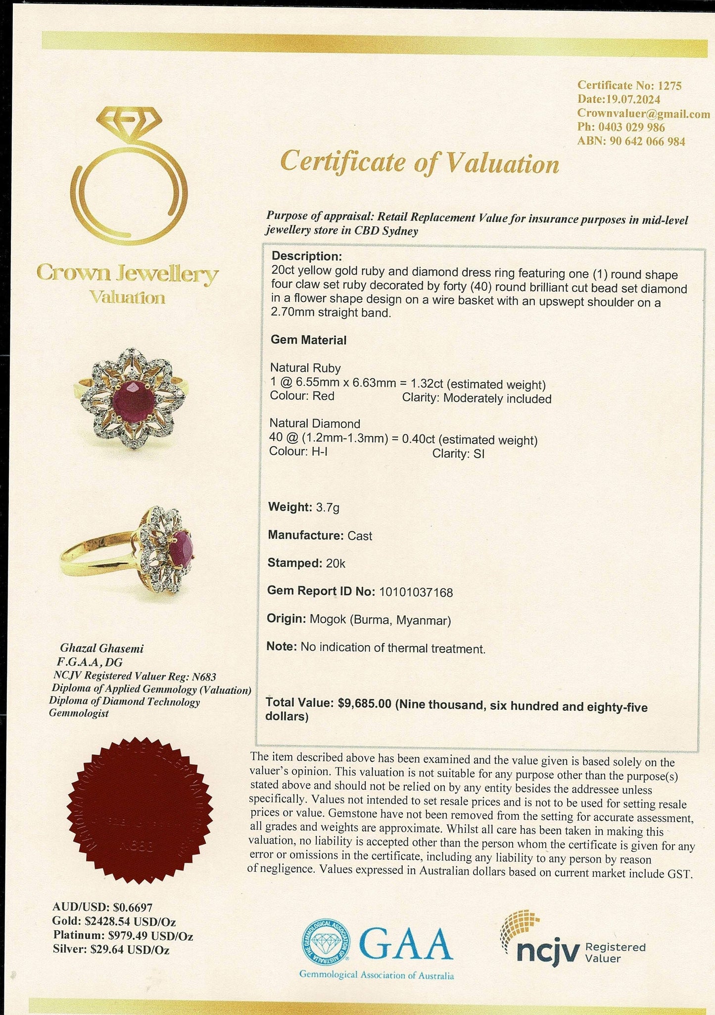 Burmese Natural Unheated Ruby (1.32CT) and Natural Diamonds Ring in 20K Solid Gold