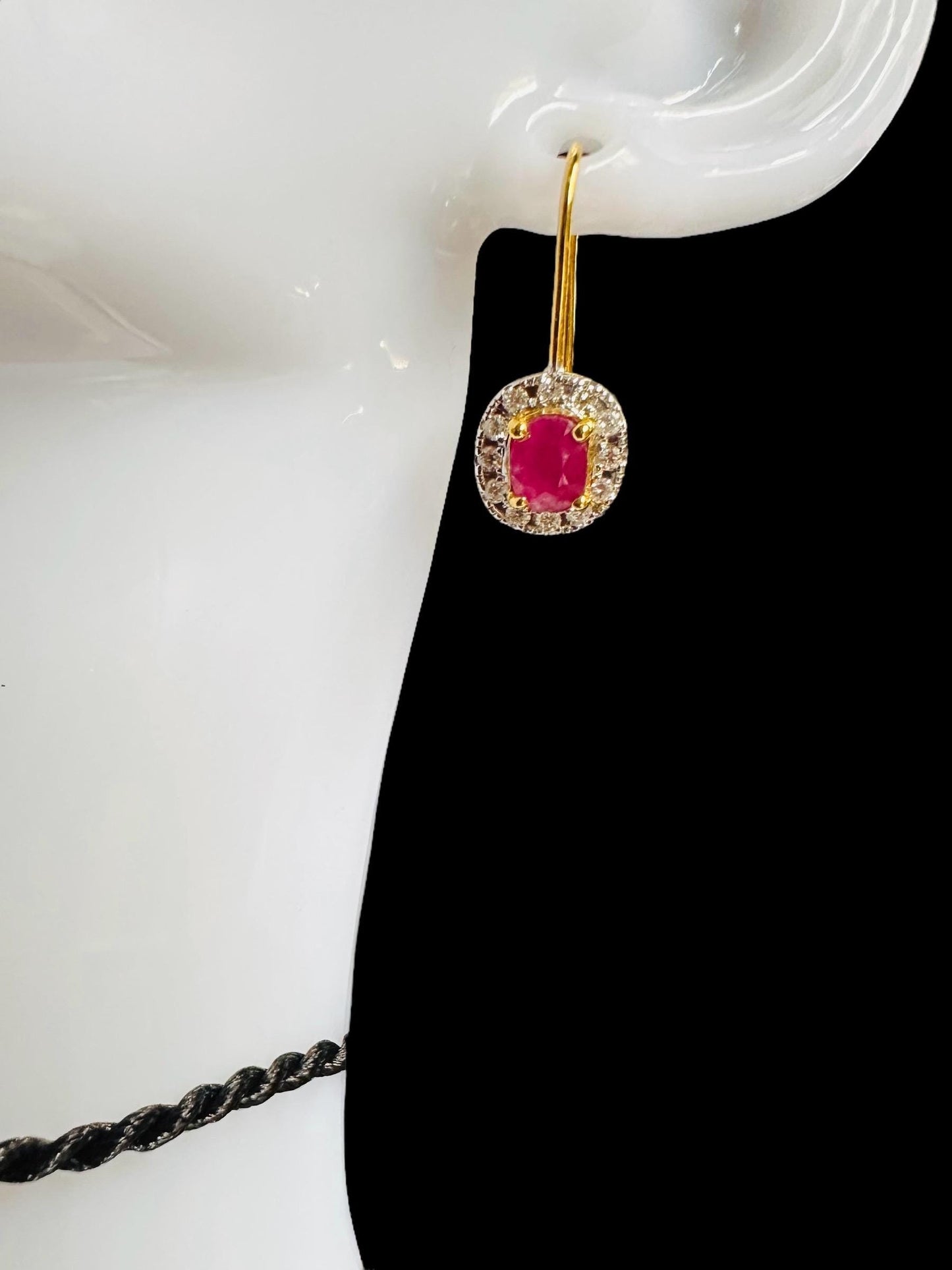 Natural unheated Burmese rubies (1.5CT) and natural diamond drop earrings in 20K solid gold