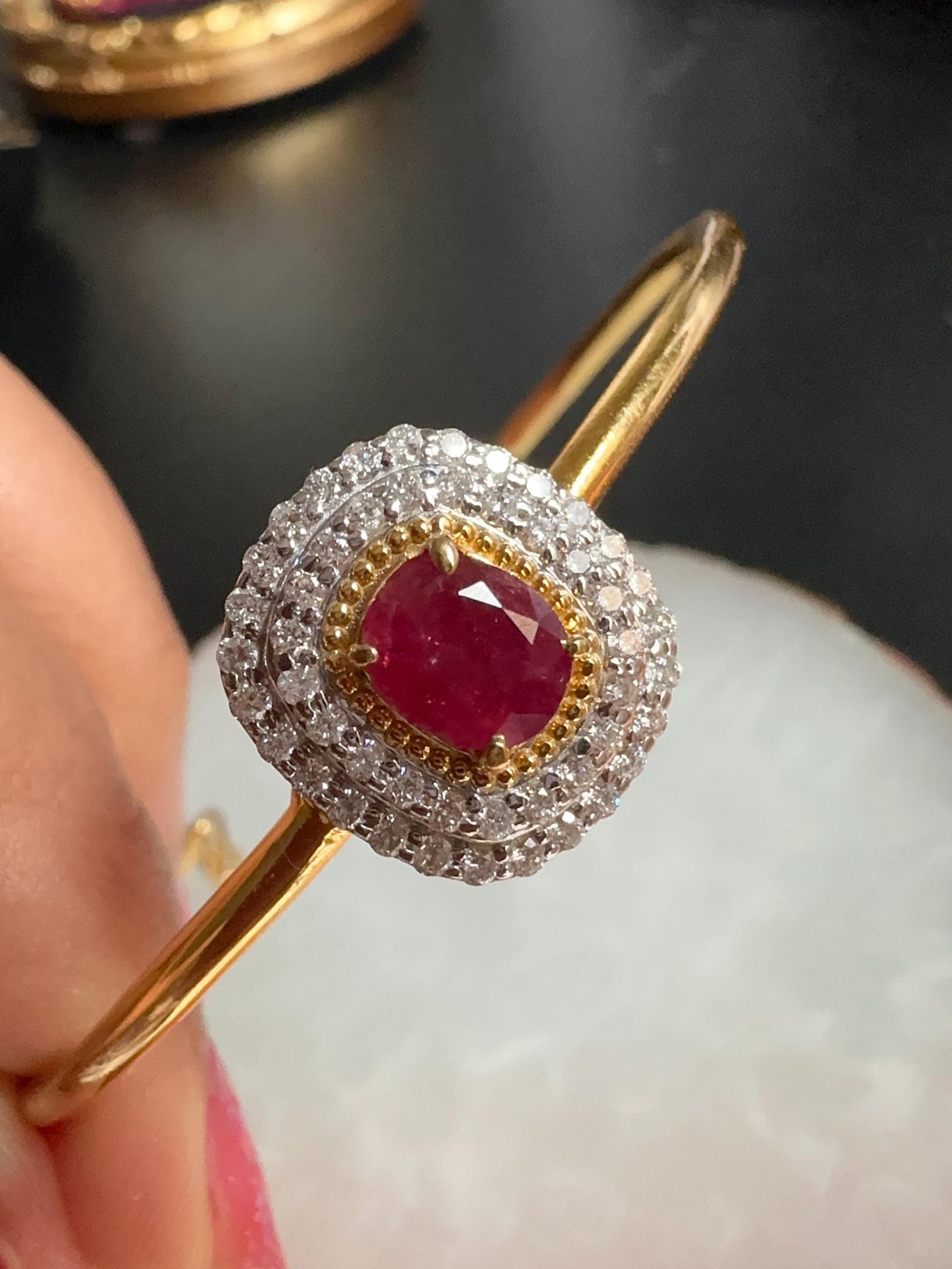 Natural Unheated Burmese Rubies and Natural Diamonds Bangle in 18K Solid Gold