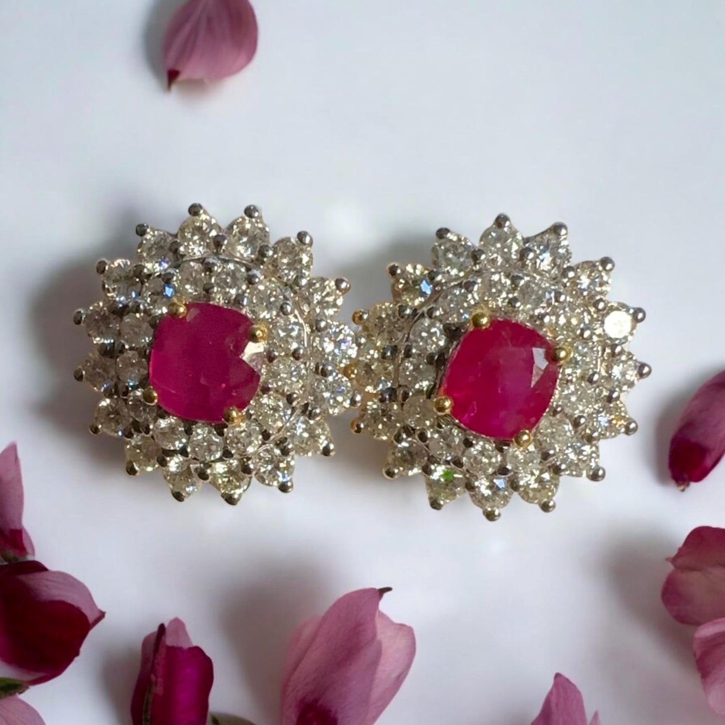 Total 1.83CT Burmese Natural Unheated Ruby and Double Halo Natural Diamonds Earrings in 18K Solid Gold