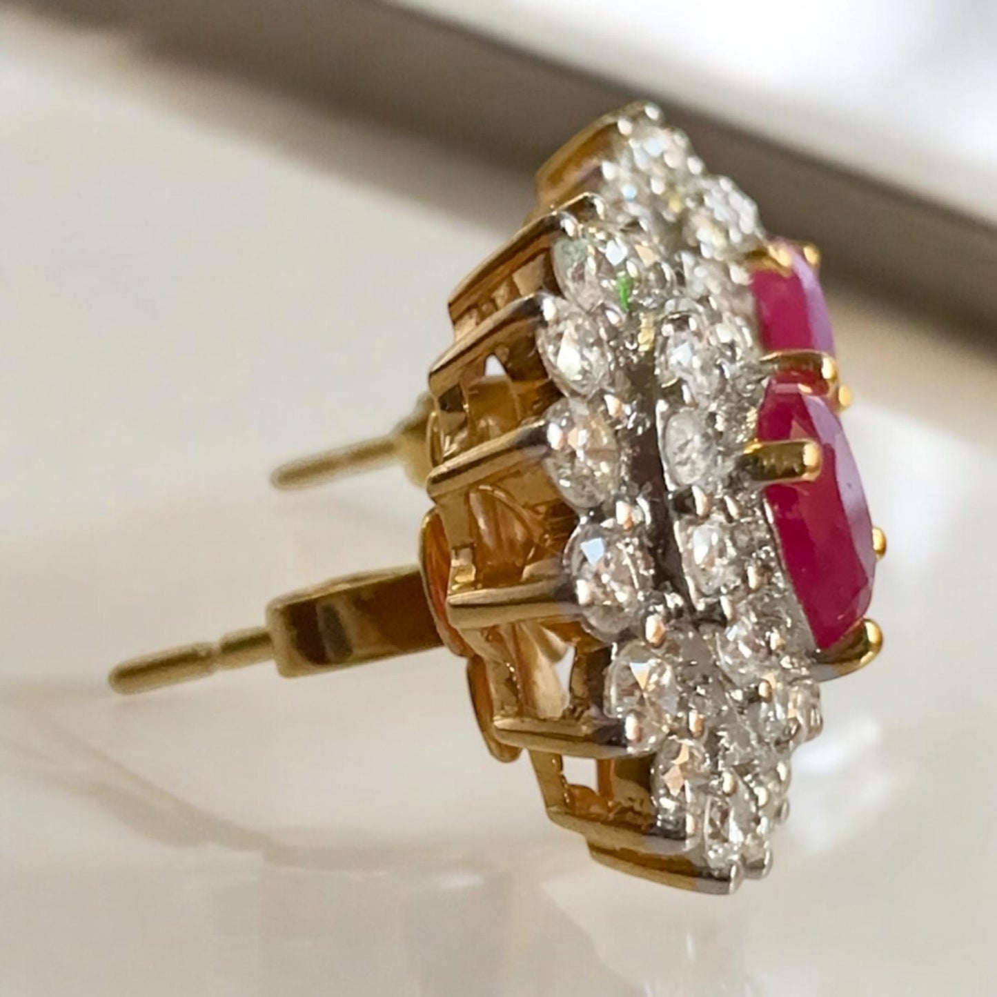 Total 1.83CT Burmese Natural Unheated Ruby and Double Halo Natural Diamonds Earrings in 18K Solid Gold