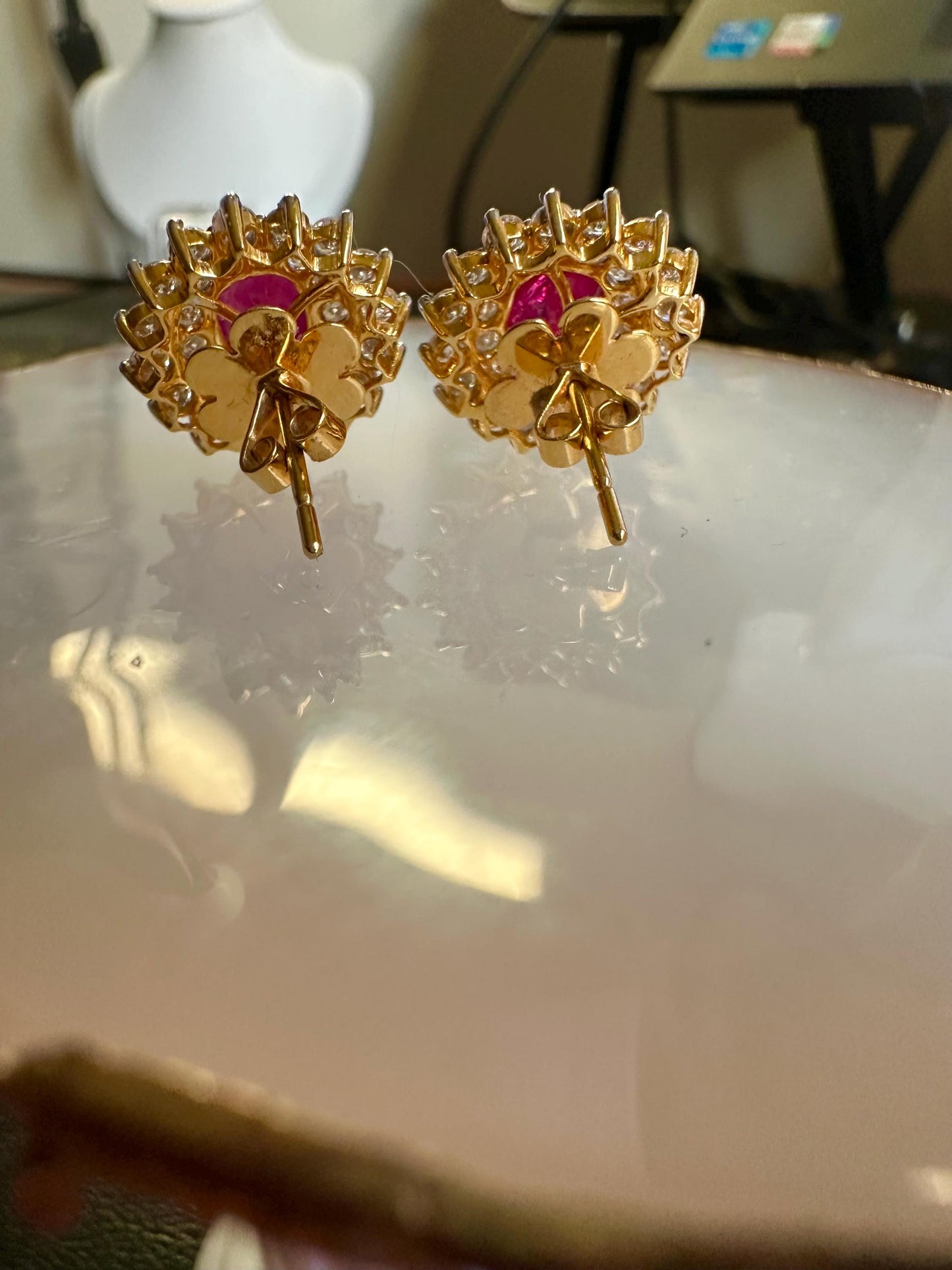 Total 1.83CT Burmese Natural Unheated Ruby and Double Halo Natural Diamonds Earrings in 18K Solid Gold