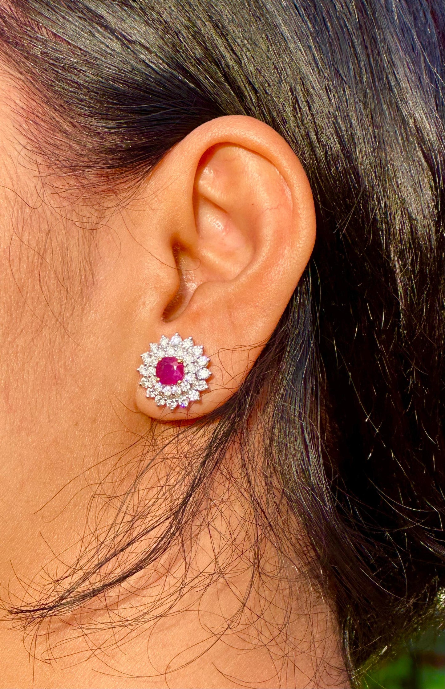 Total 1.83CT Burmese Natural Unheated Ruby and Double Halo Natural Diamonds Earrings in 18K Solid Gold