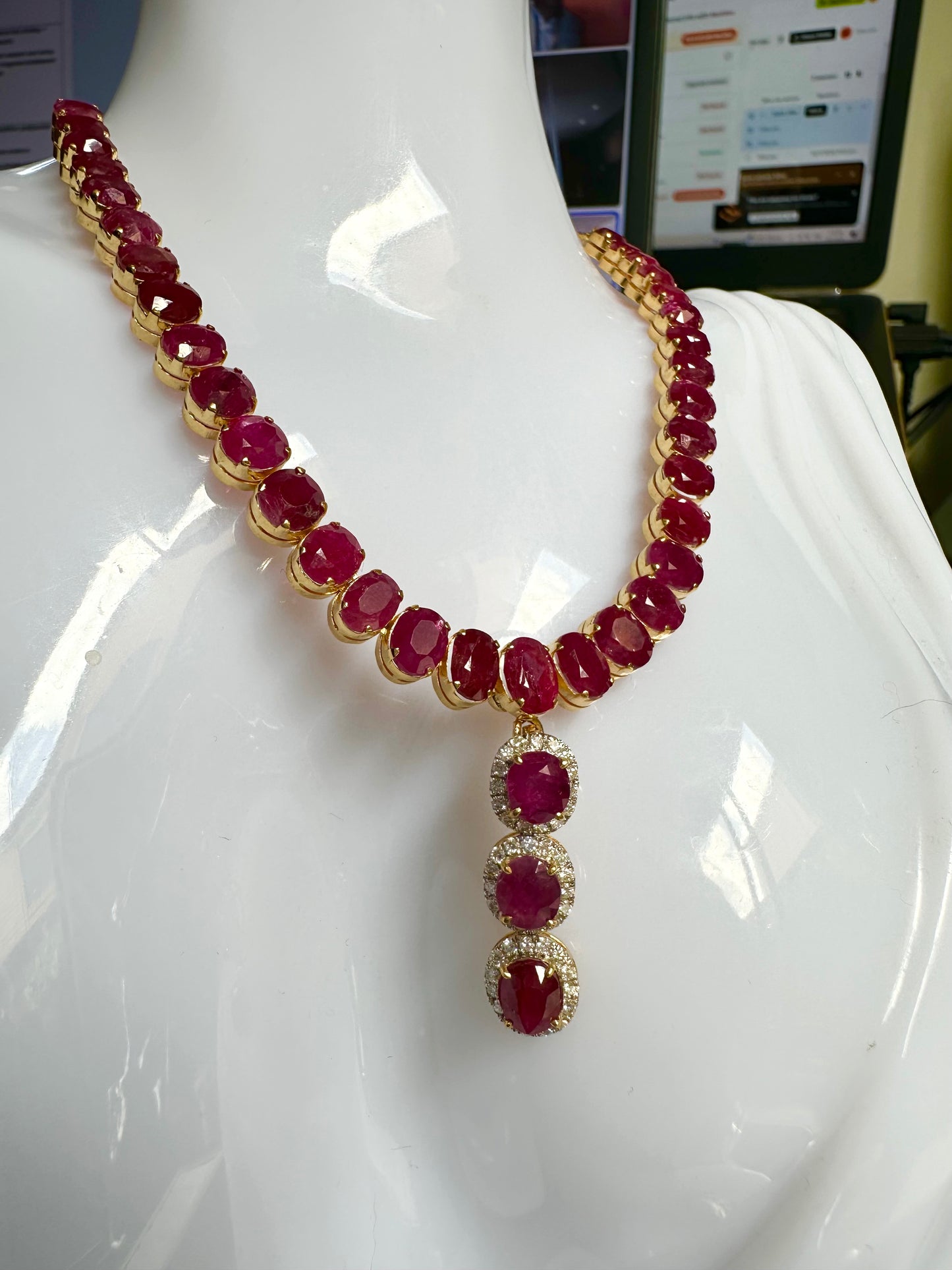 Timeless Natural Unheated Burmese Ruby(35.57CT) Necklace  with Diamonds Drop
