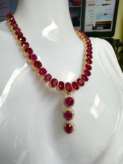 Timeless Natural Unheated Burmese Ruby(35.57CT) Necklace  with Diamonds Drop