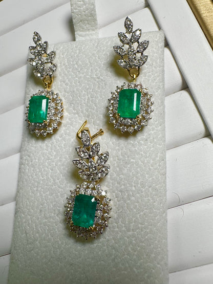 Emerald Cut Natural Emerald and Natural Diamonds Earrings and Pendant Set in 18K Solid Gold
