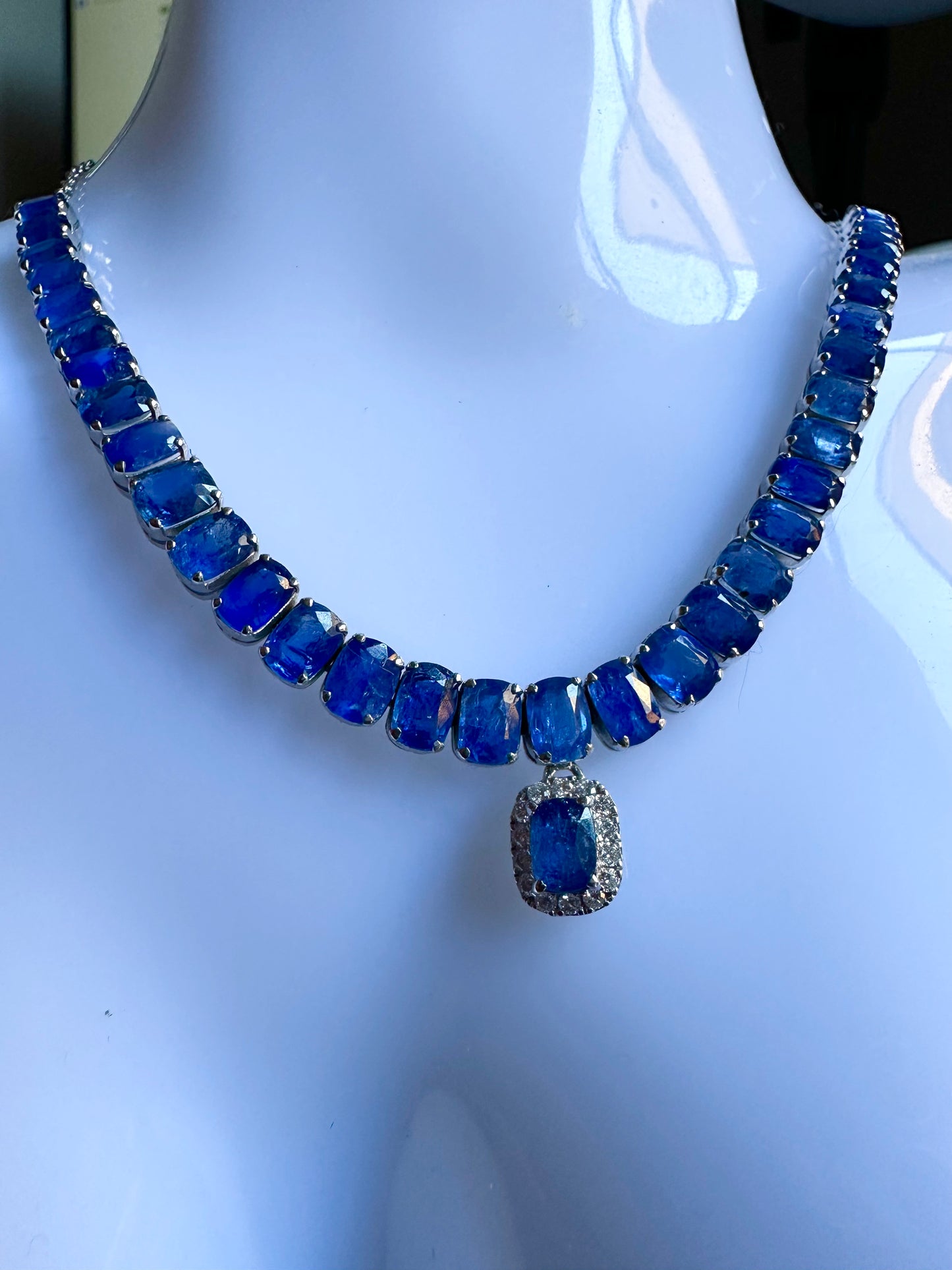 Emerald Cut Natural Unheated Burmese Sapphires and Diamonds Necklace