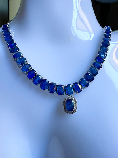 Emerald Cut Natural Unheated Burmese Sapphires and Diamonds Necklace
